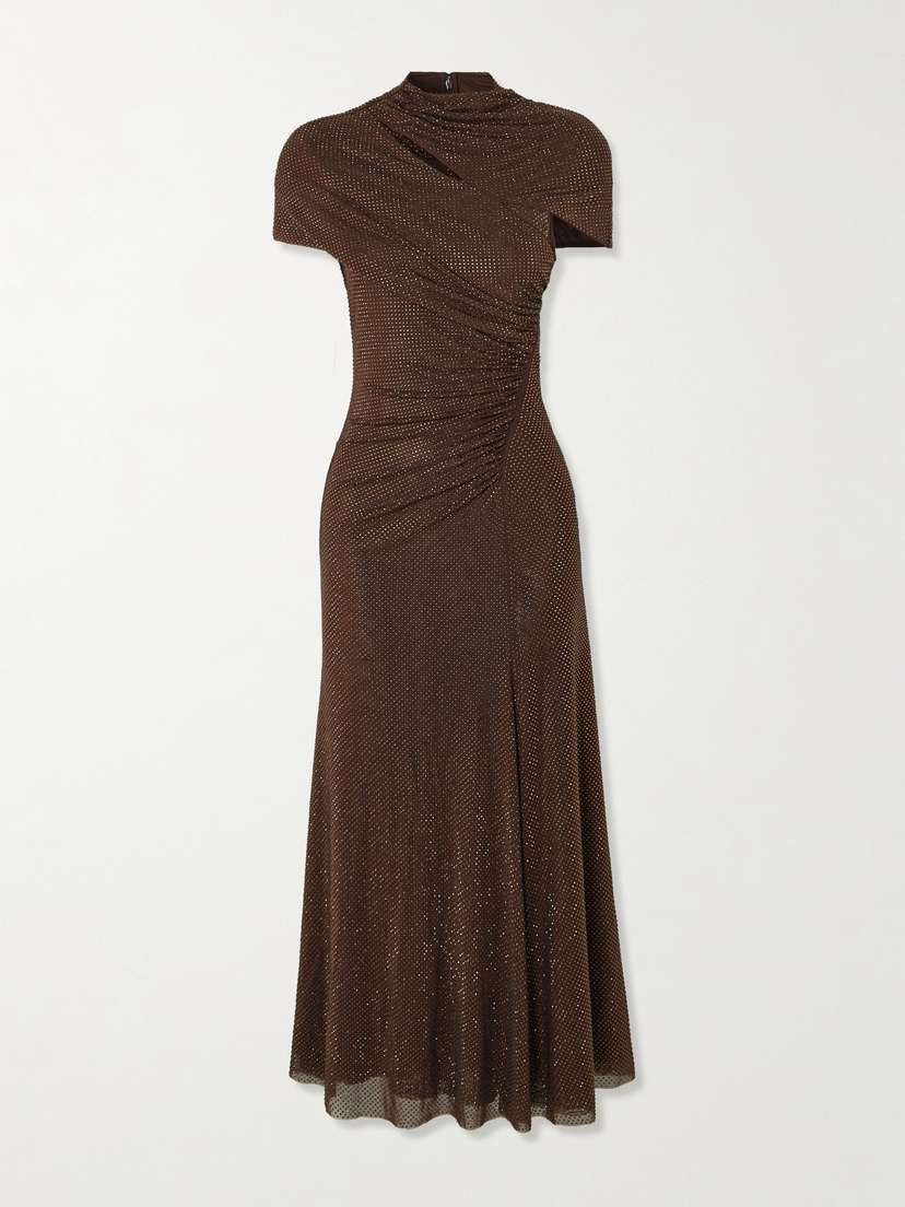 Self-Portrait Crystal-embellished Ruched Cutout Stretch-mesh Midi Dress