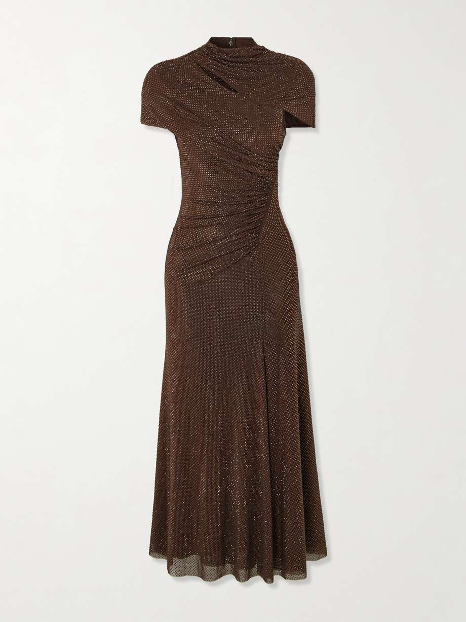 crystal-embellished ruched cutout stretch-mesh midi dress