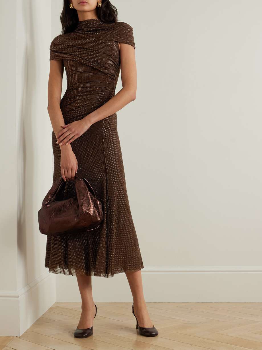 crystal-embellished ruched cutout stretch-mesh midi dress