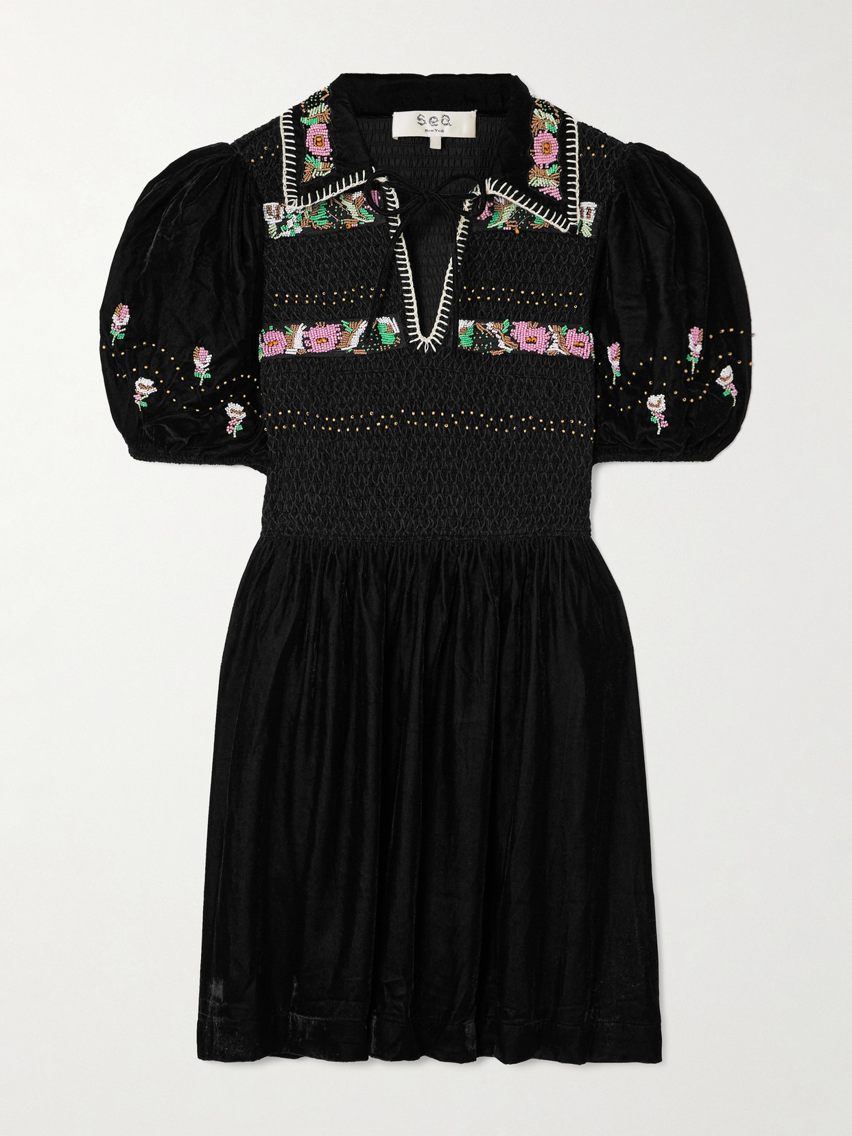 Sea Brynn Embellished Smocked Velvet Mini Dress In Black