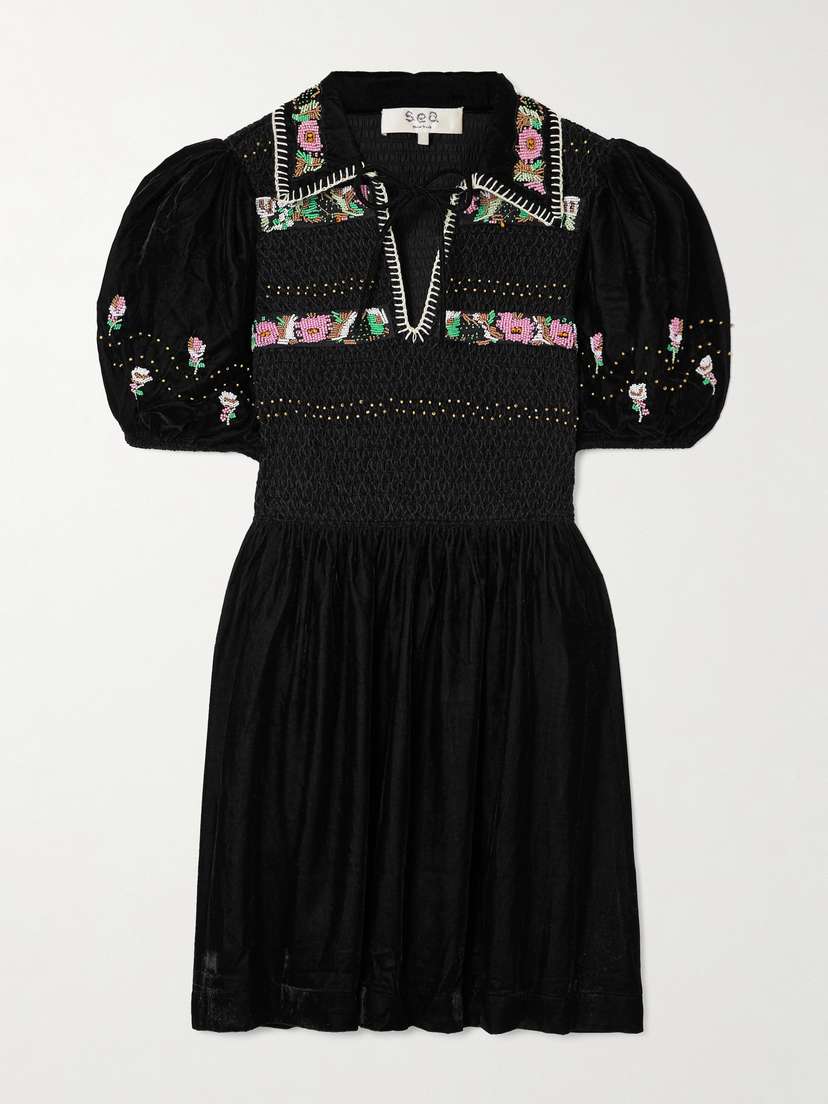 Sea Brynn Embellished Smocked Velvet Mini Dress