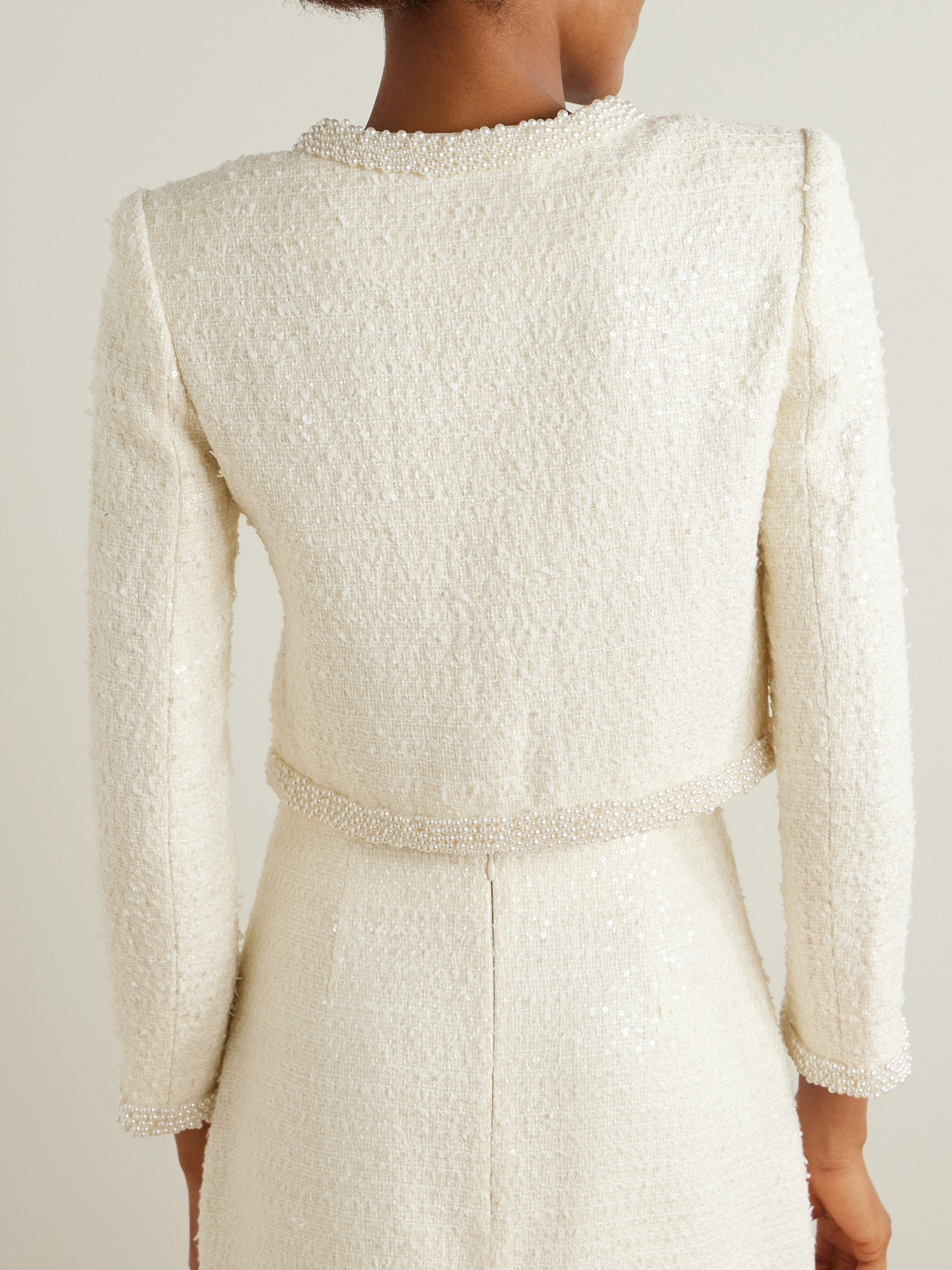 Self-portrait Cropped Faux Pearl-embellished Sequined Tweed Jacket In Cream