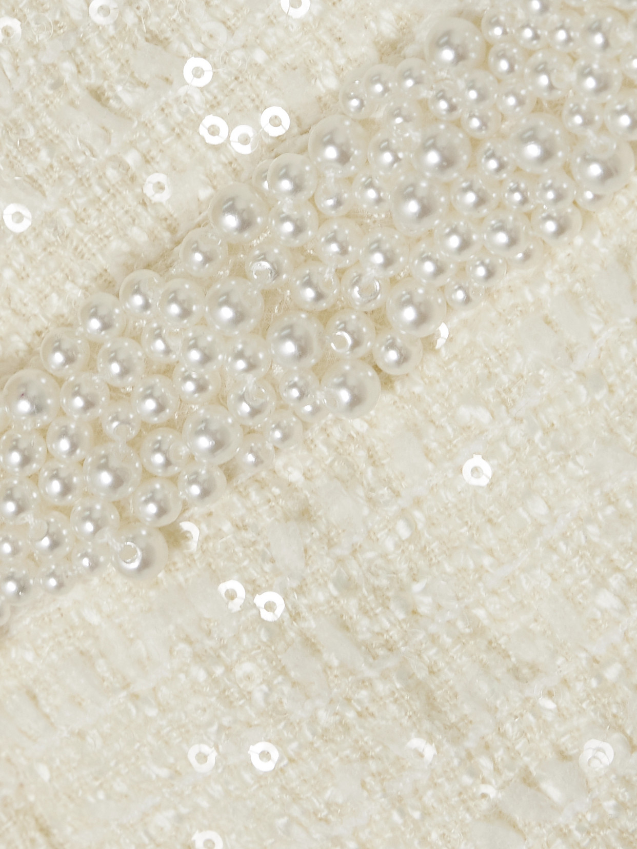 Self-portrait Cropped Faux Pearl-embellished Sequined Tweed Jacket In Cream