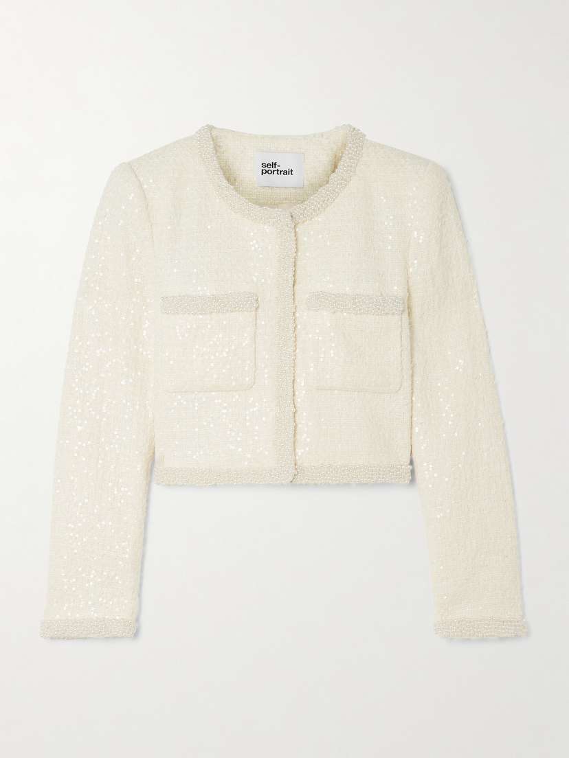 Self-Portrait Cropped Faux Pearl-embellished Sequined Tweed Jacket