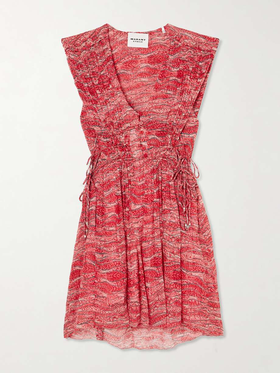 anawa tie-detailed gathered printed crepon mini dress