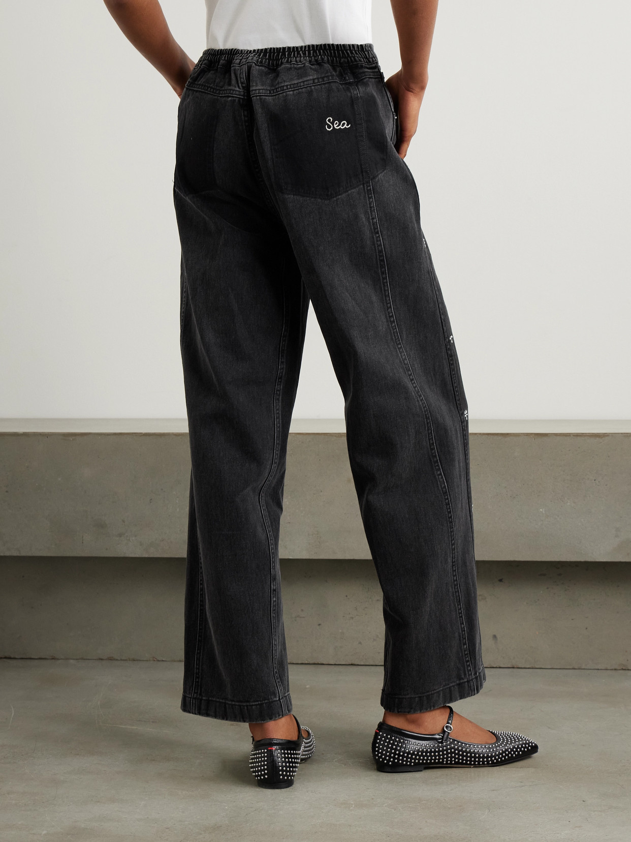 Shop Sea Bala Crystal-embellished High-rise Wide-leg Jeans In Black