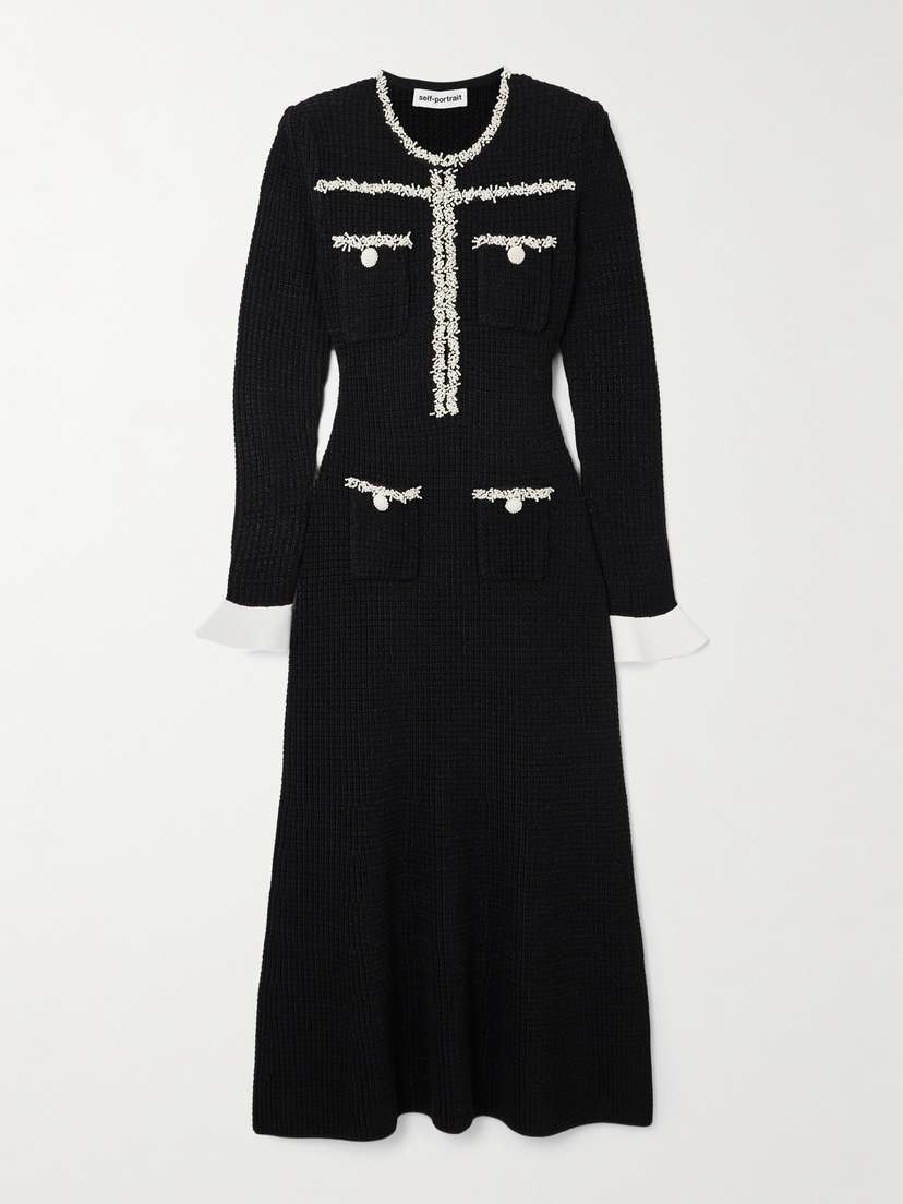 Self-Portrait Faux Pearl-embellished Crepe-trimmed Metallic Ribbed-knit Midi Dress