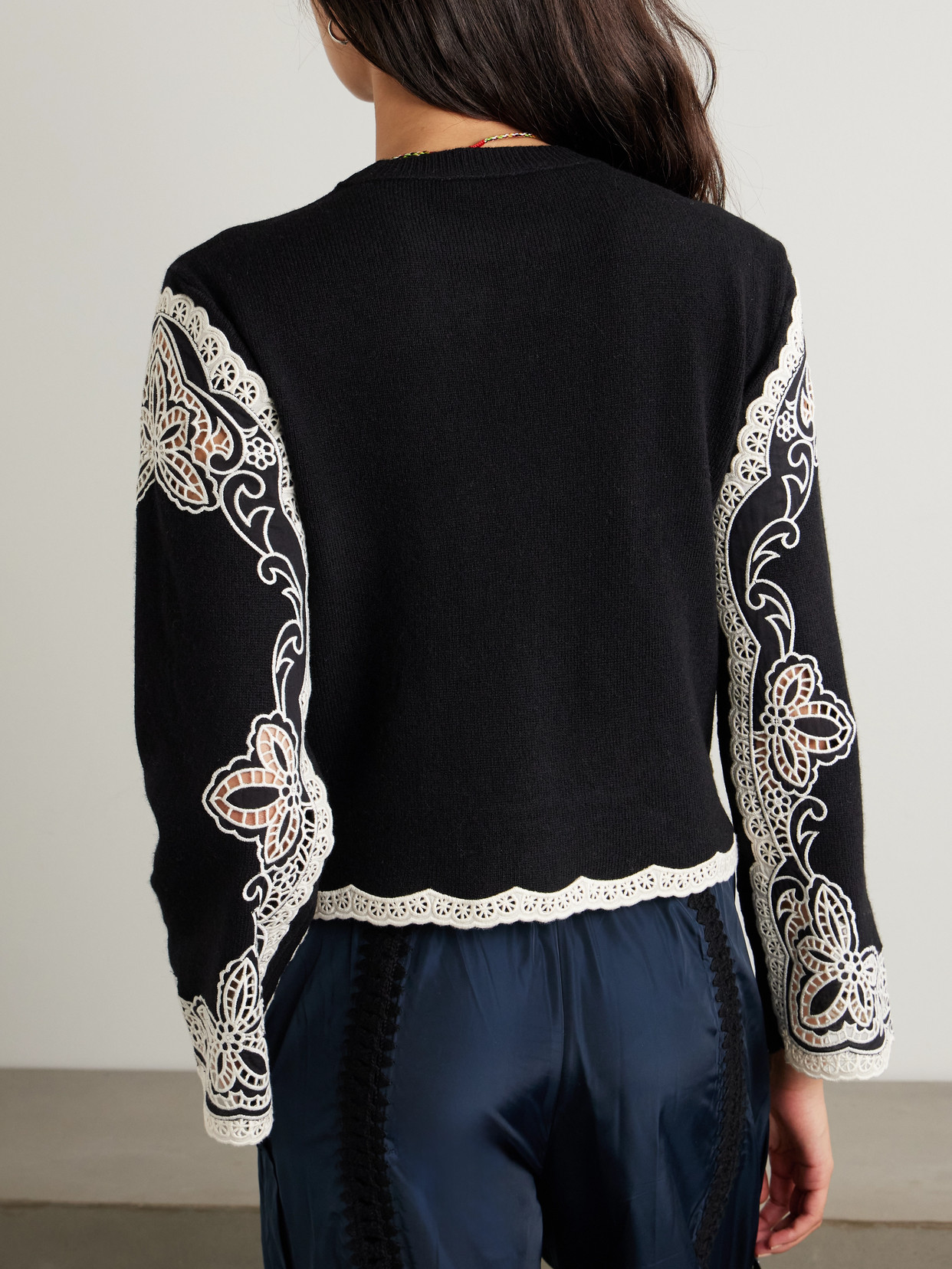 Sea Gianna Broderie Anglaise-paneled Wool Sweater In Black