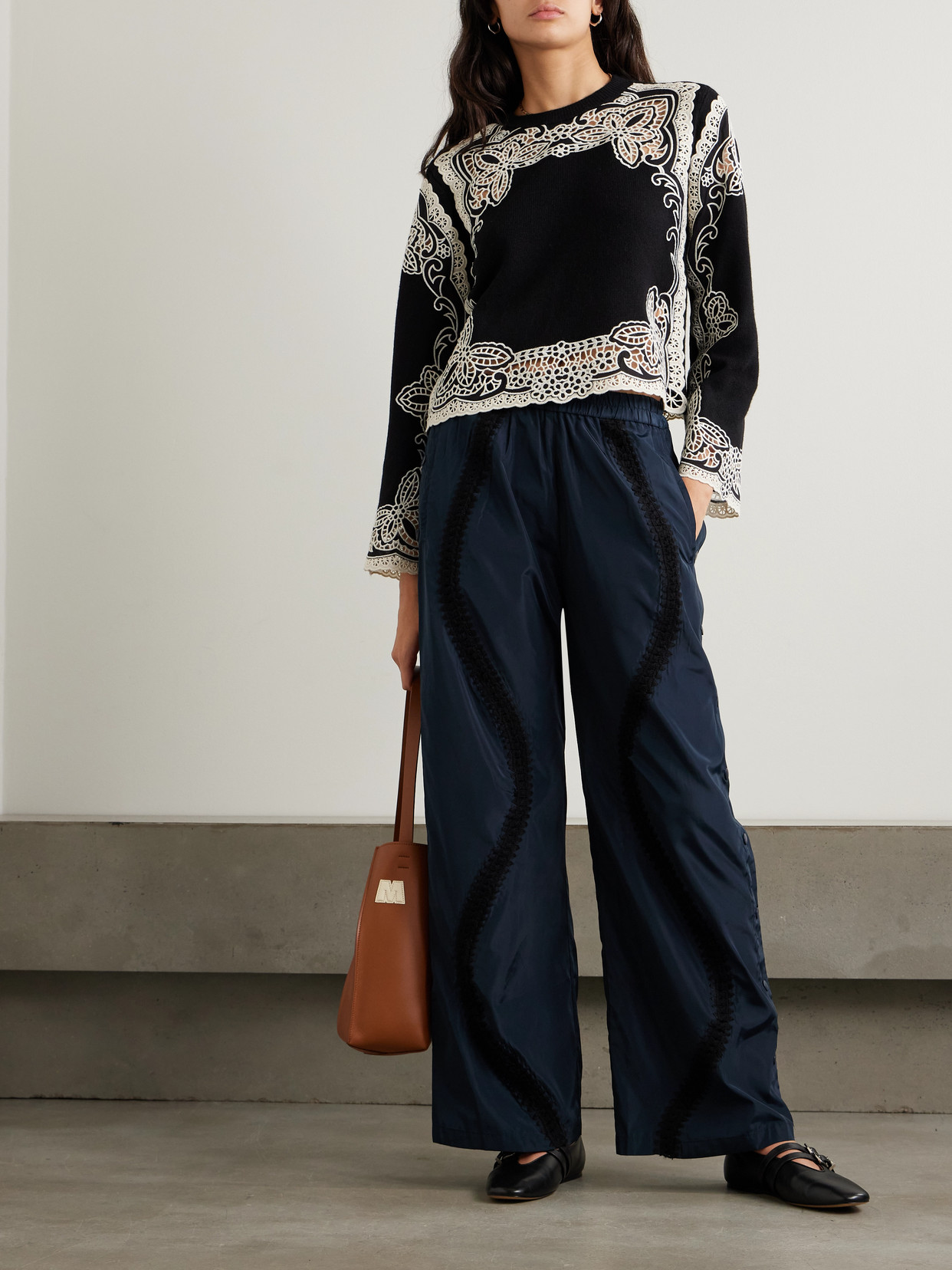 Sea Gianna Broderie Anglaise-paneled Wool Sweater In Black