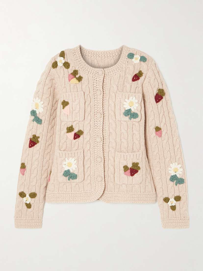 Sea Callie Appliquéd Cable-knit Wool Cardigan