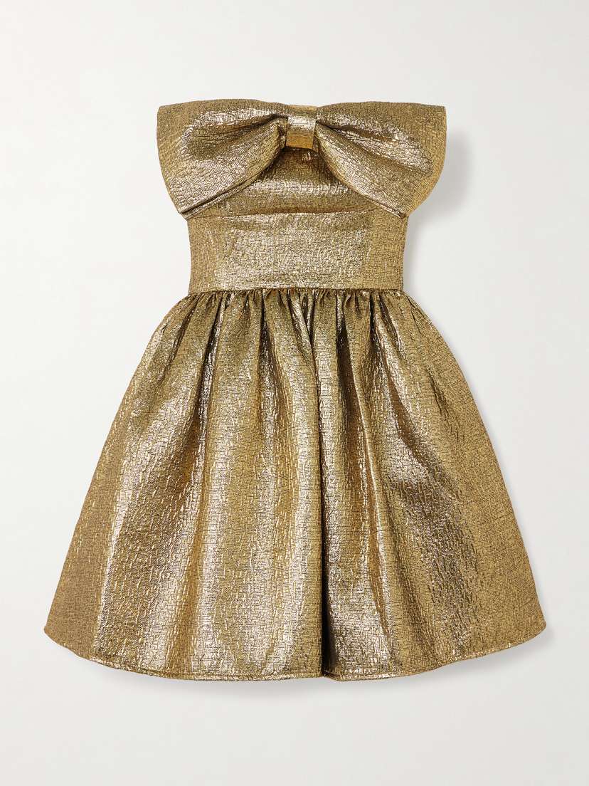 Self-Portrait Bow-detailed Strapless Metallic Cloqué Mini Dress