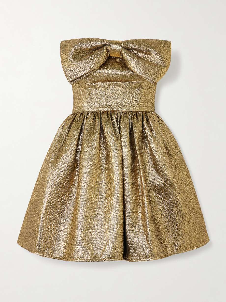 bow-detailed strapless metallic cloqué mini dress