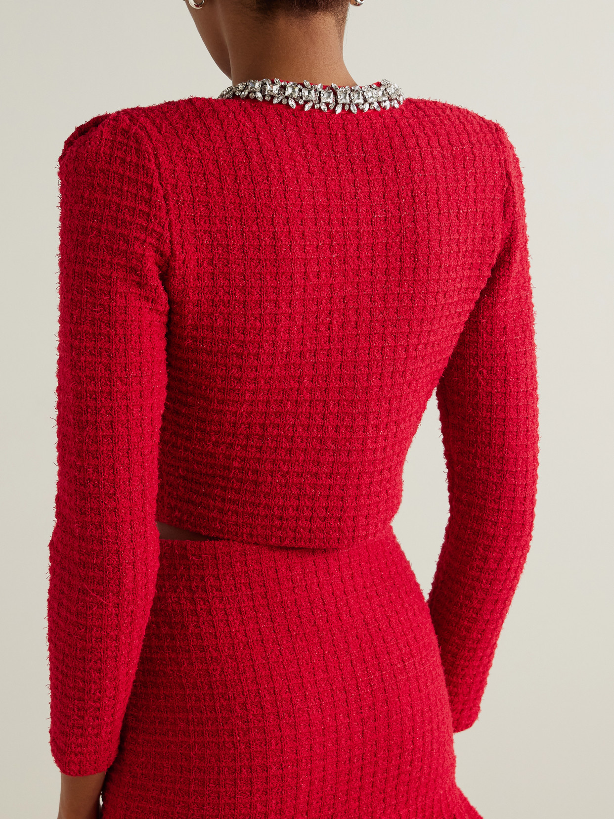 Self-portrait Waffle Knit Crystal Embellished Cardigan In Red
