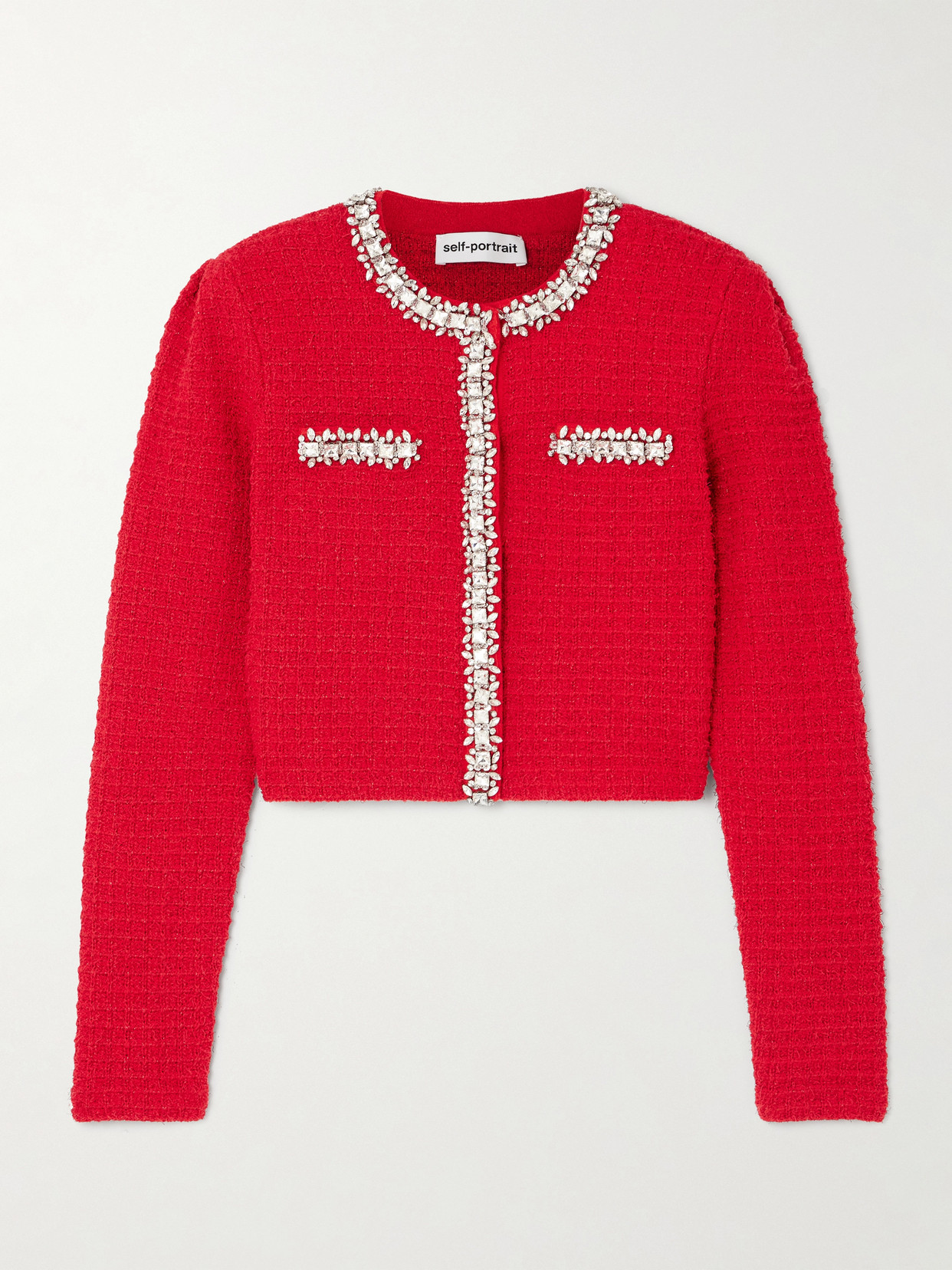 Self-portrait Waffle Knit Crystal Embellished Cardigan In Red