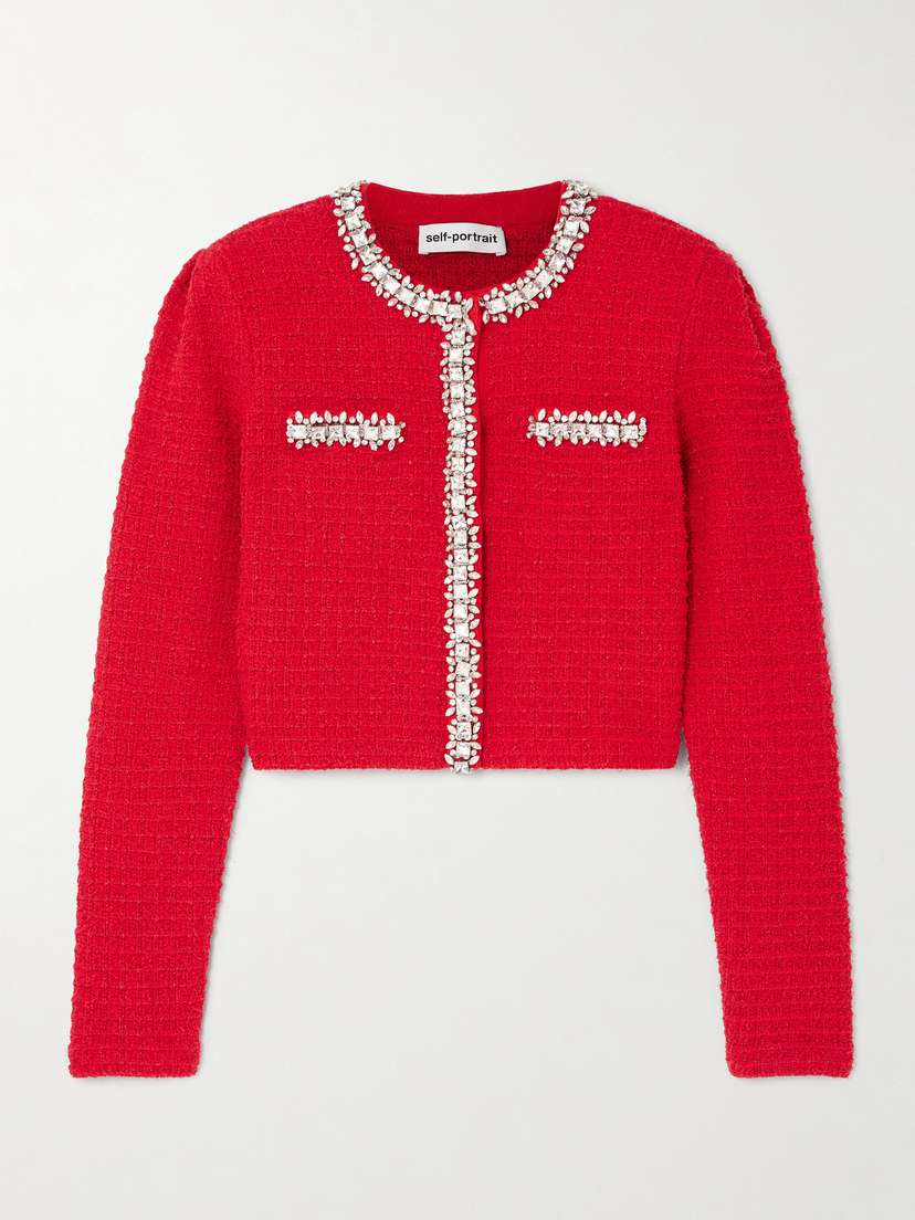 Self-Portrait Crystal-embellished Metallic Waffle-knit Cardigan