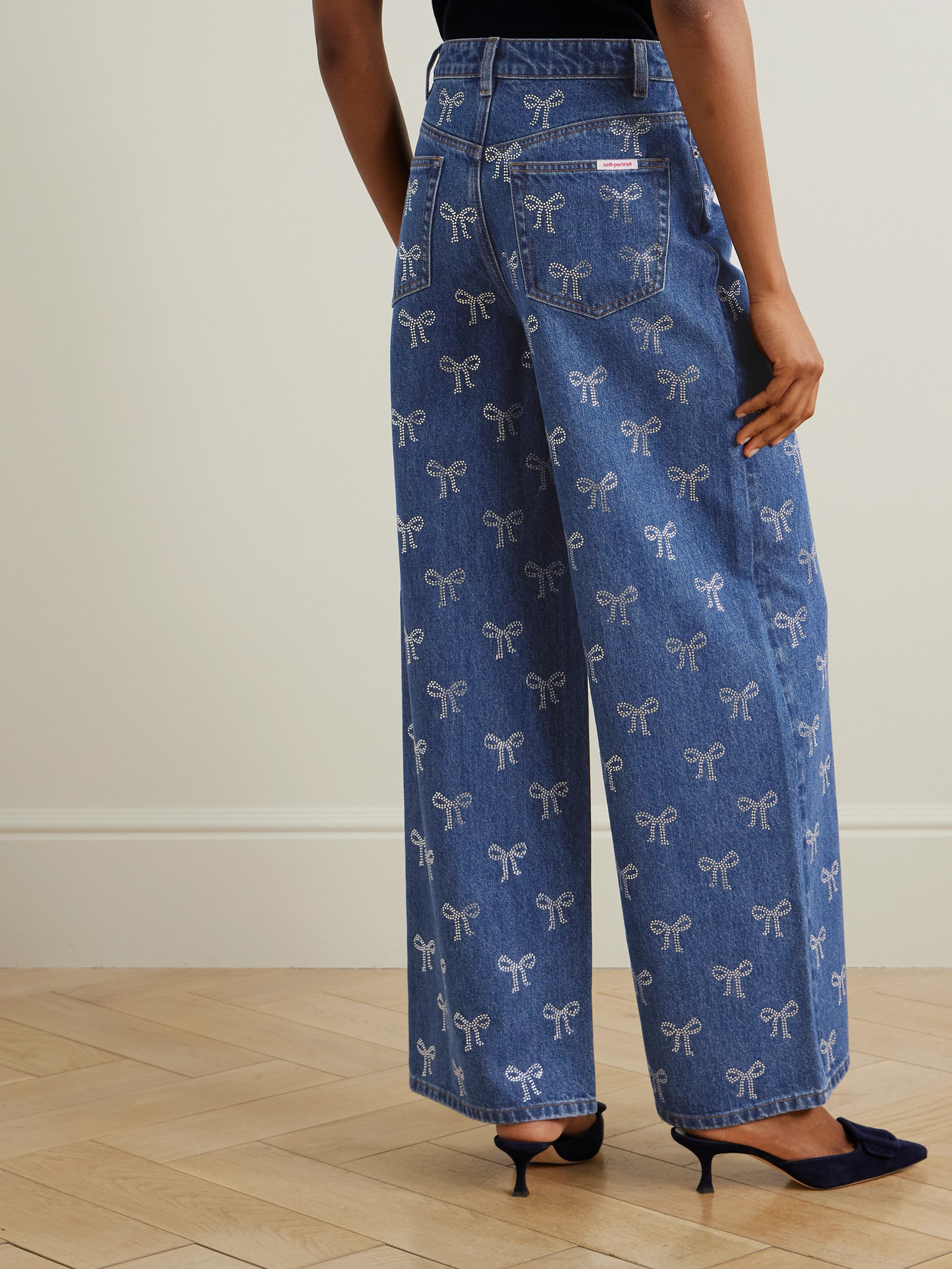 Shop Self-portrait Crystal-embellished High-rise Wide-leg Jeans In Blue
