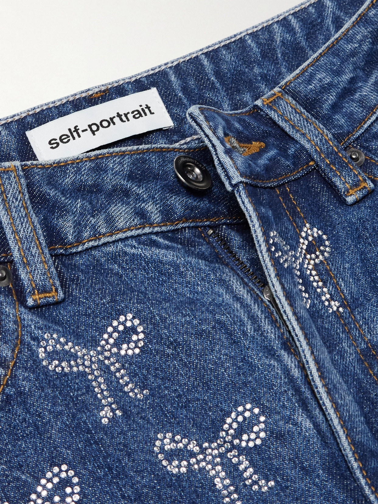 Shop Self-portrait Crystal-embellished High-rise Wide-leg Jeans In Blue