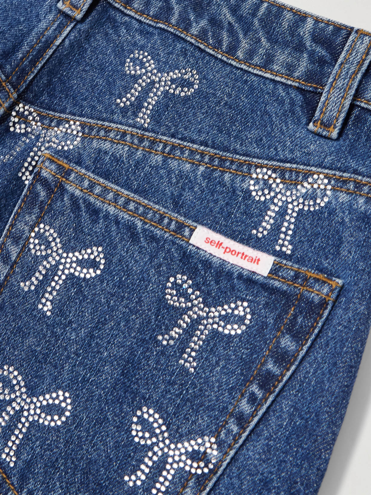 Shop Self-portrait Crystal-embellished High-rise Wide-leg Jeans In Blue