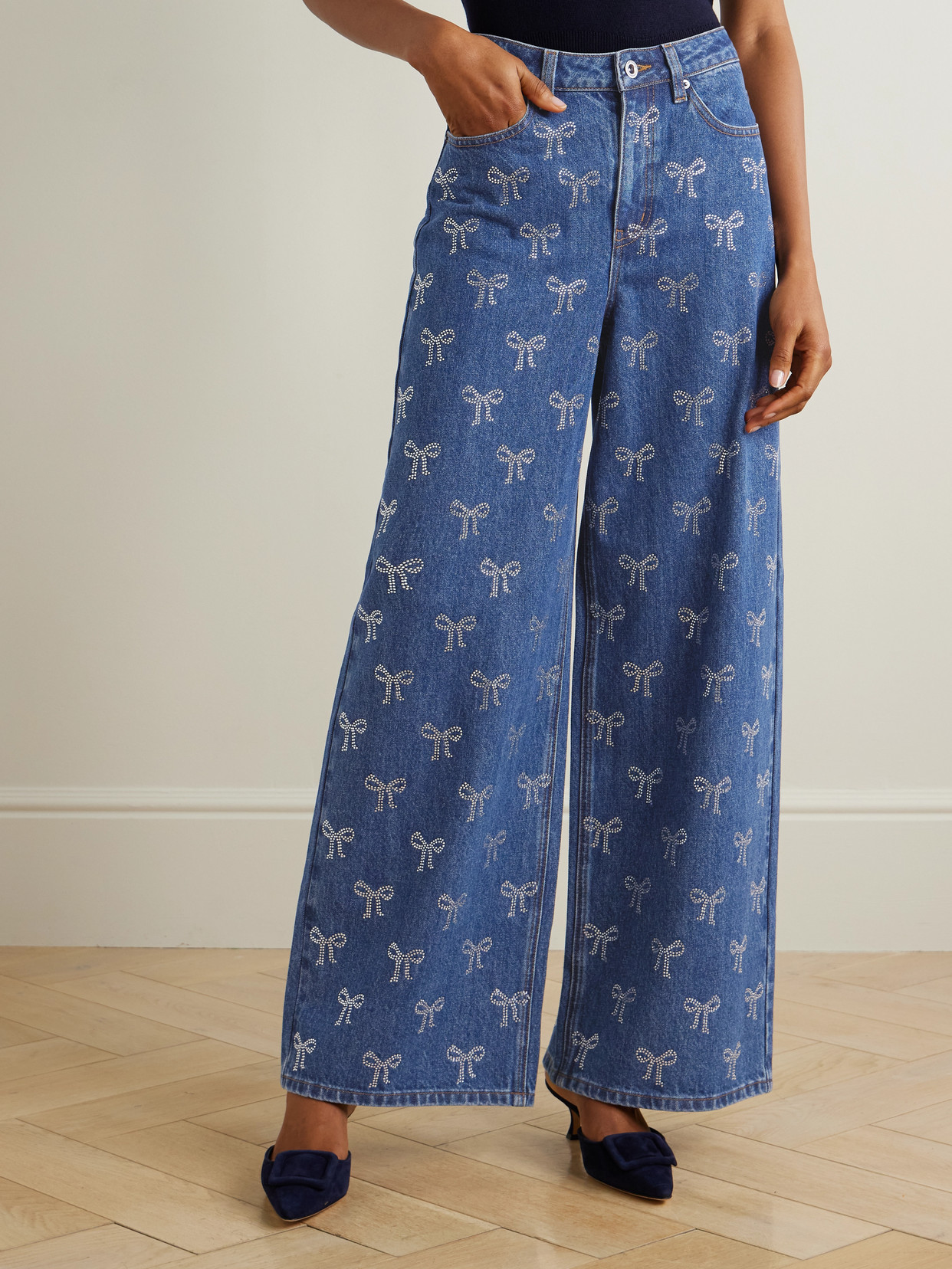 Shop Self-portrait Crystal-embellished High-rise Wide-leg Jeans In Blue