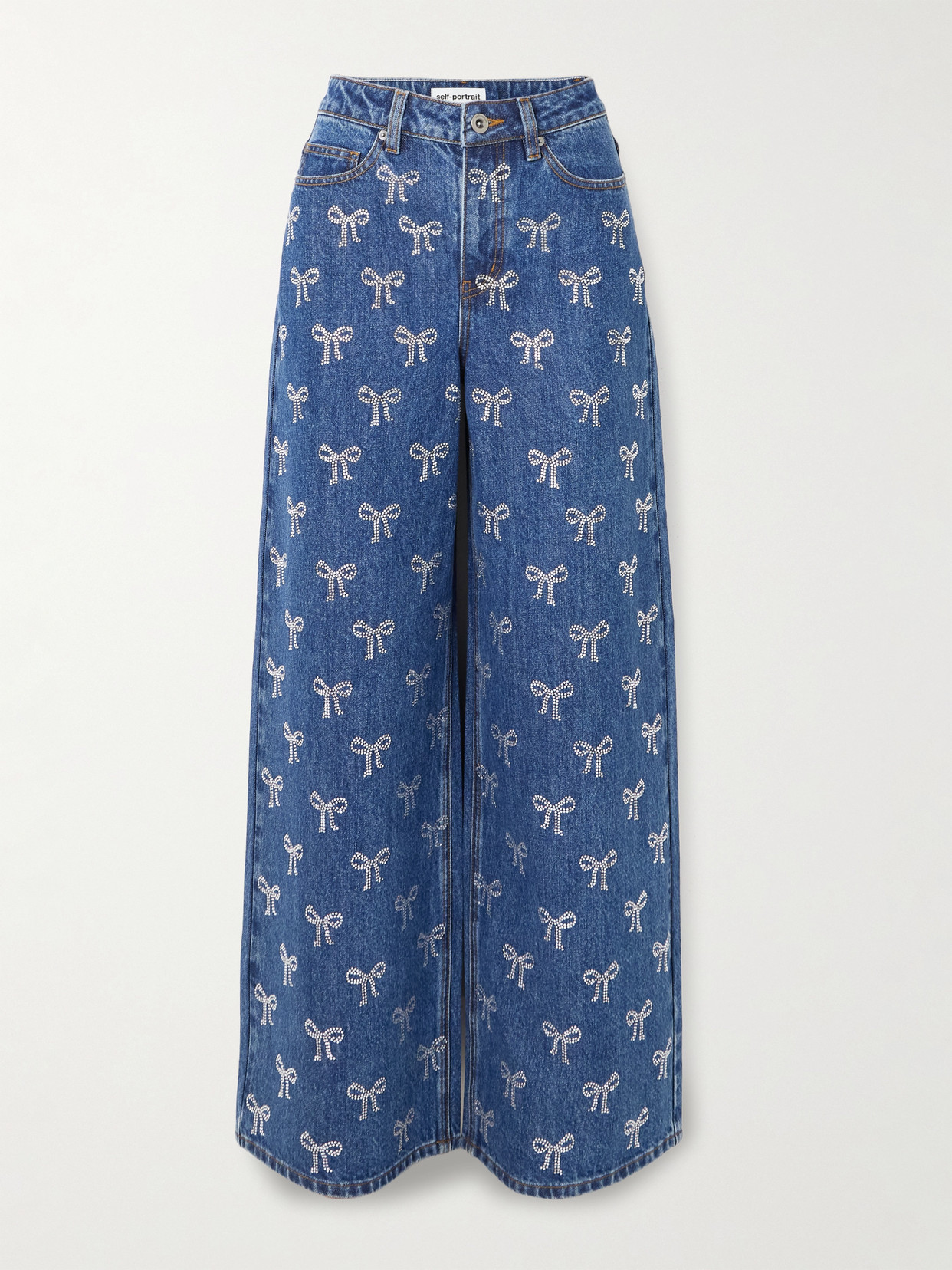 Shop Self-portrait Crystal-embellished High-rise Wide-leg Jeans In Blue