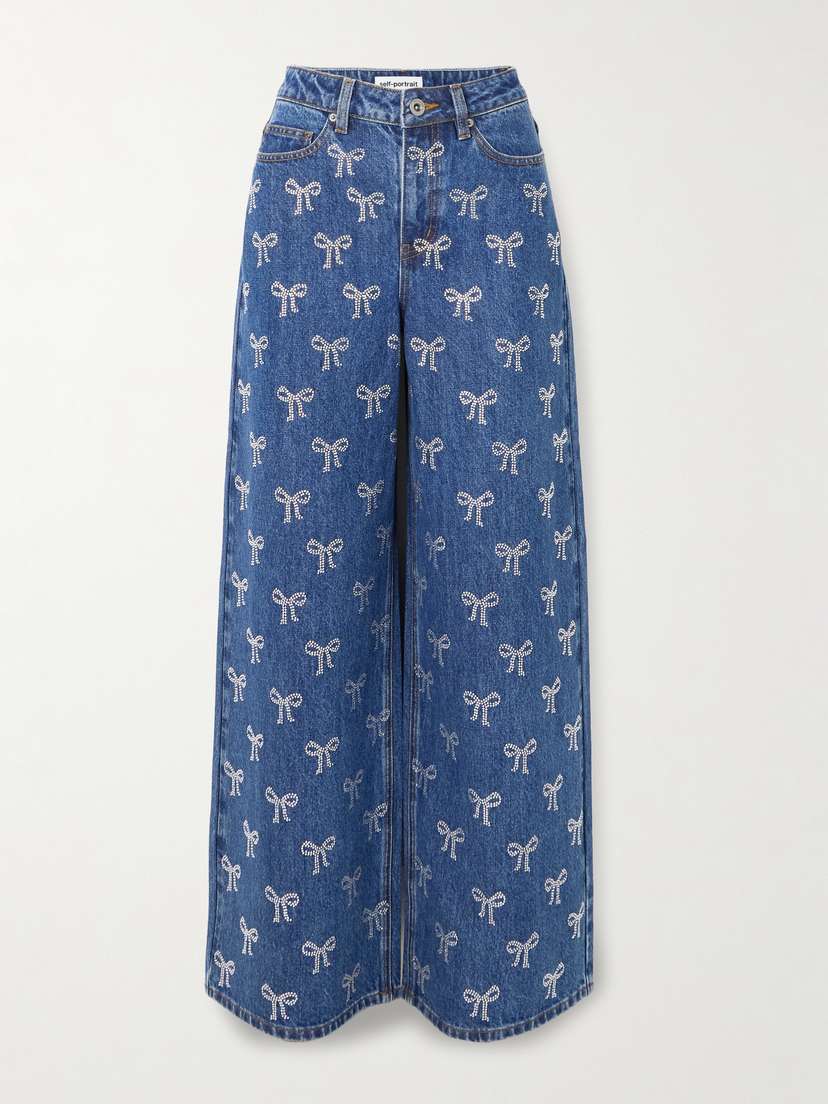 Self-Portrait Crystal-embellished High-rise Wide-leg Jeans