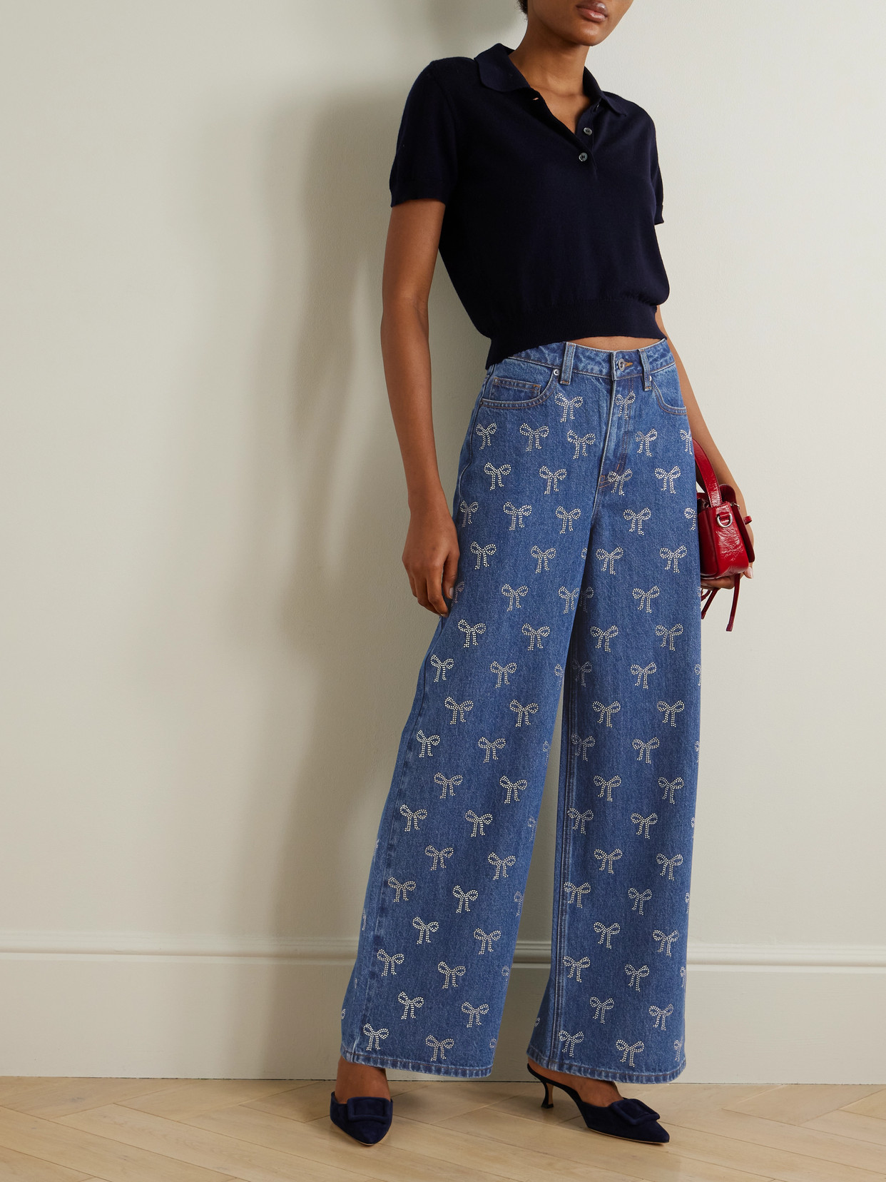 Shop Self-portrait Crystal-embellished High-rise Wide-leg Jeans In Blue