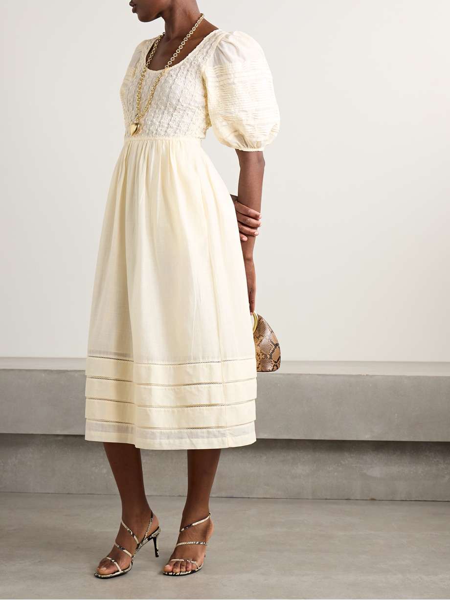 myra shirred cotton-voile midi dress