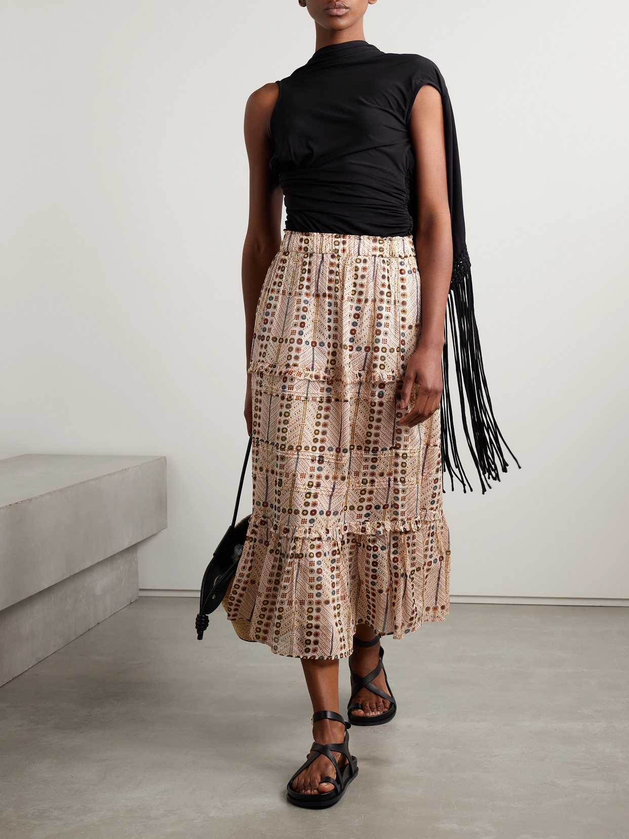 Shop Isabel Marant Étoile Diya Tiered Printed Cotton-voile Midi Skirt In Neutrals
