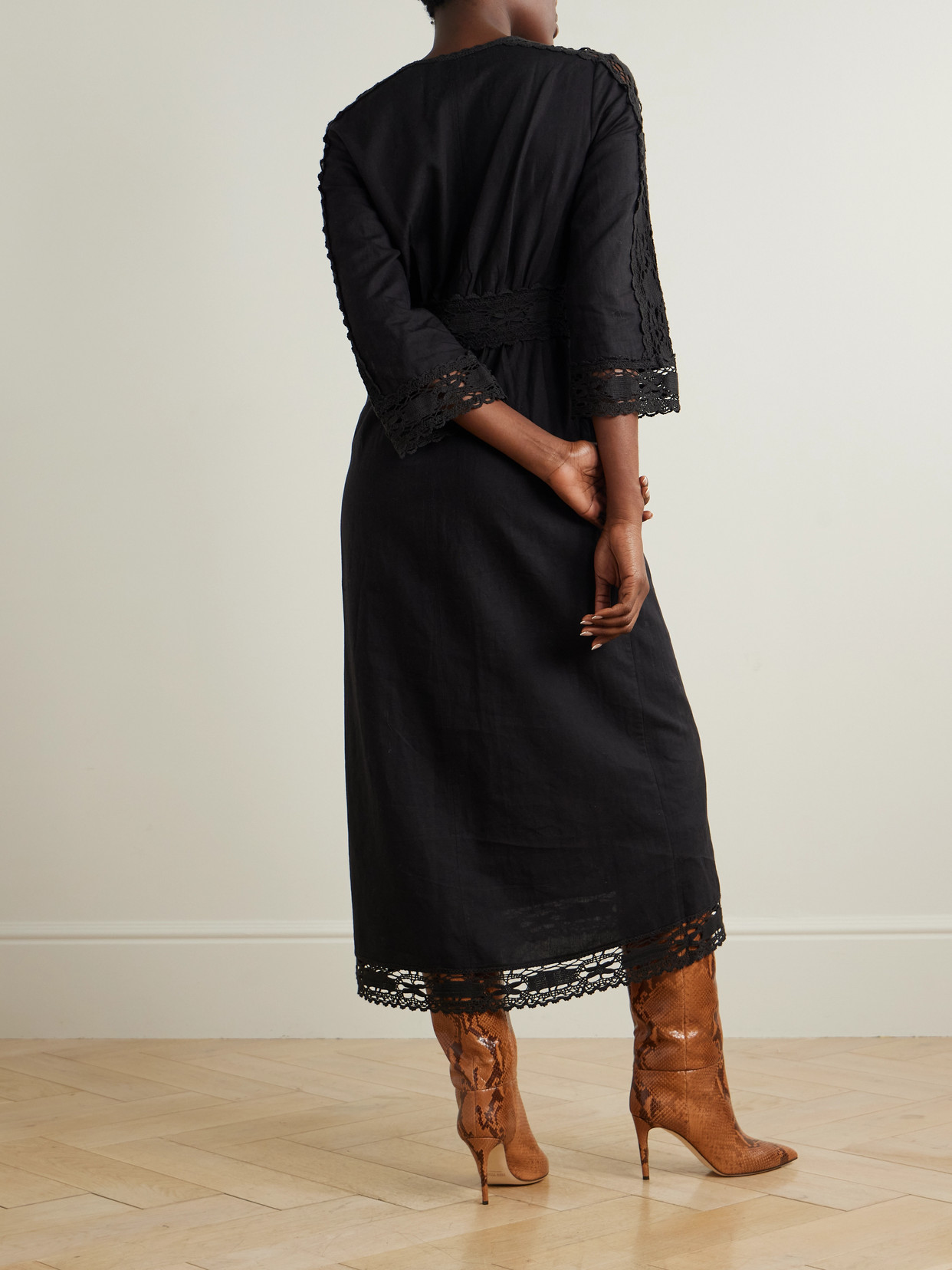 Isabel Marant Étoile Veona Lace-trimmed Linen And Cotton-blend Midi Dress In Black