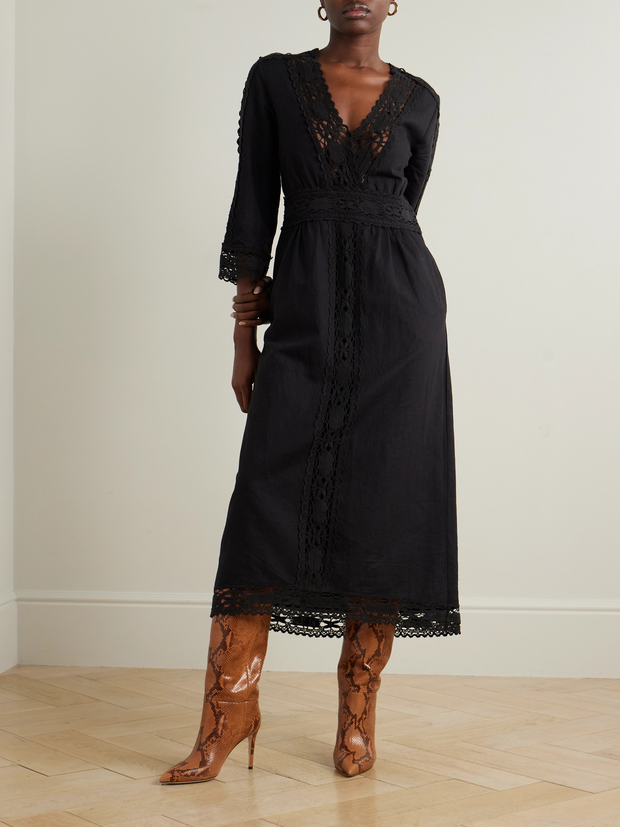 Isabel Marant Étoile Veona Lace-trimmed Linen And Cotton-blend Midi Dress In Black