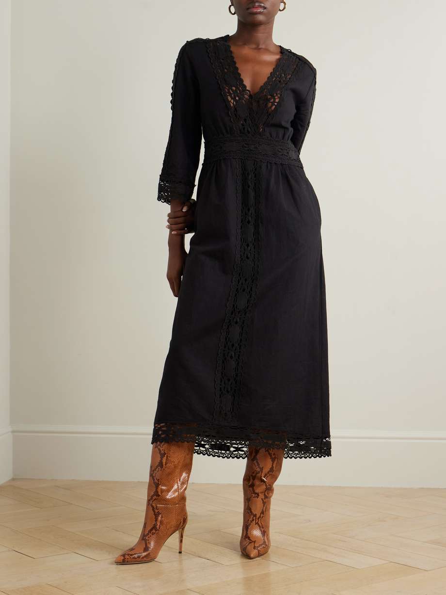 veona lace-trimmed linen and cotton-blend midi dress