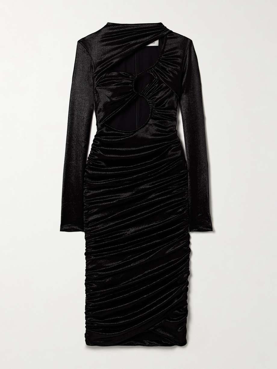 rayana cutout gathered metallic hammered silk-blend satin midi dress