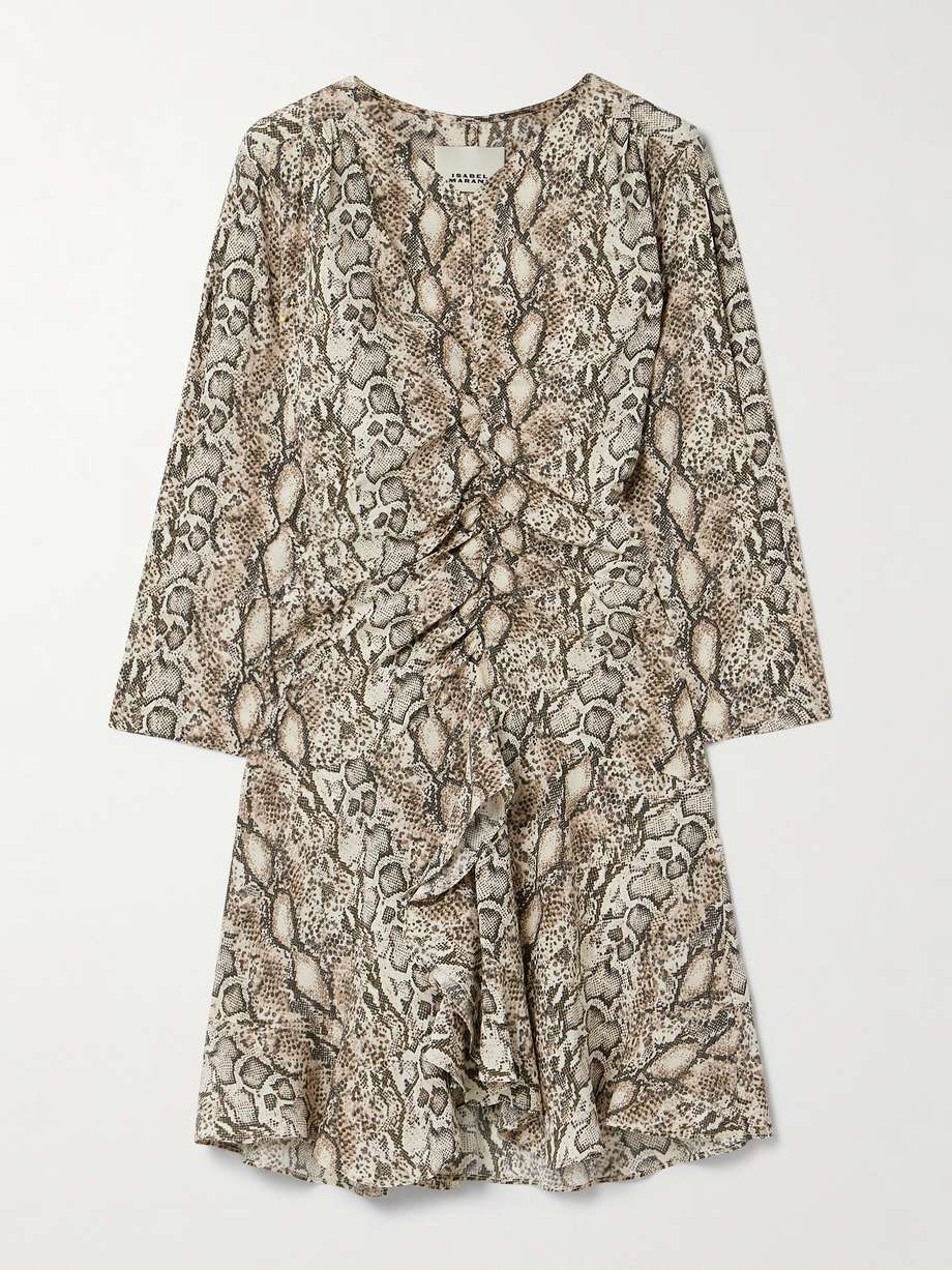 octavia ruched snake-print silk-blend crepe mini dress
