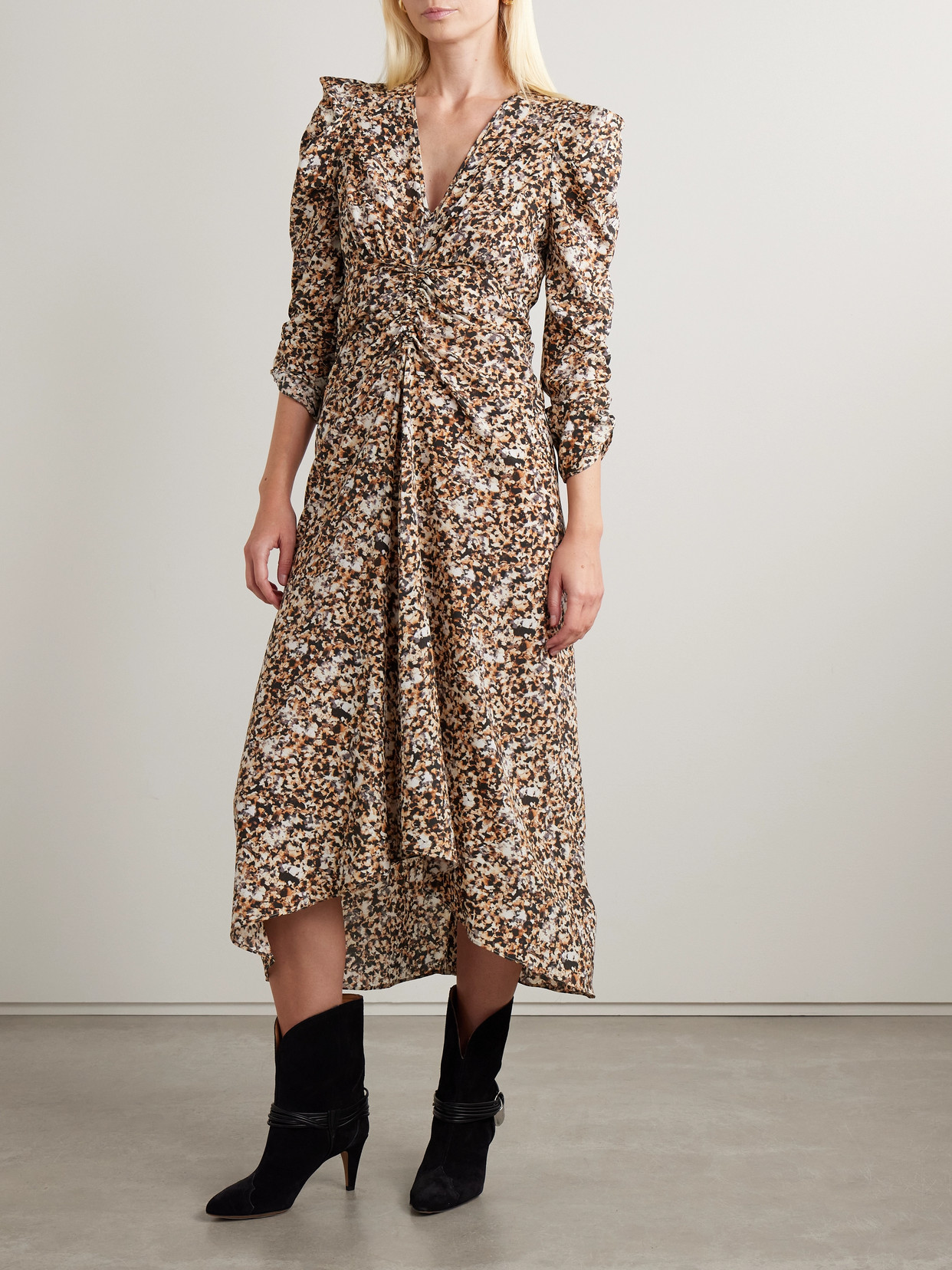Isabel Marant Albini Printed Gathered Silk-blend Midi Dress In Ecru