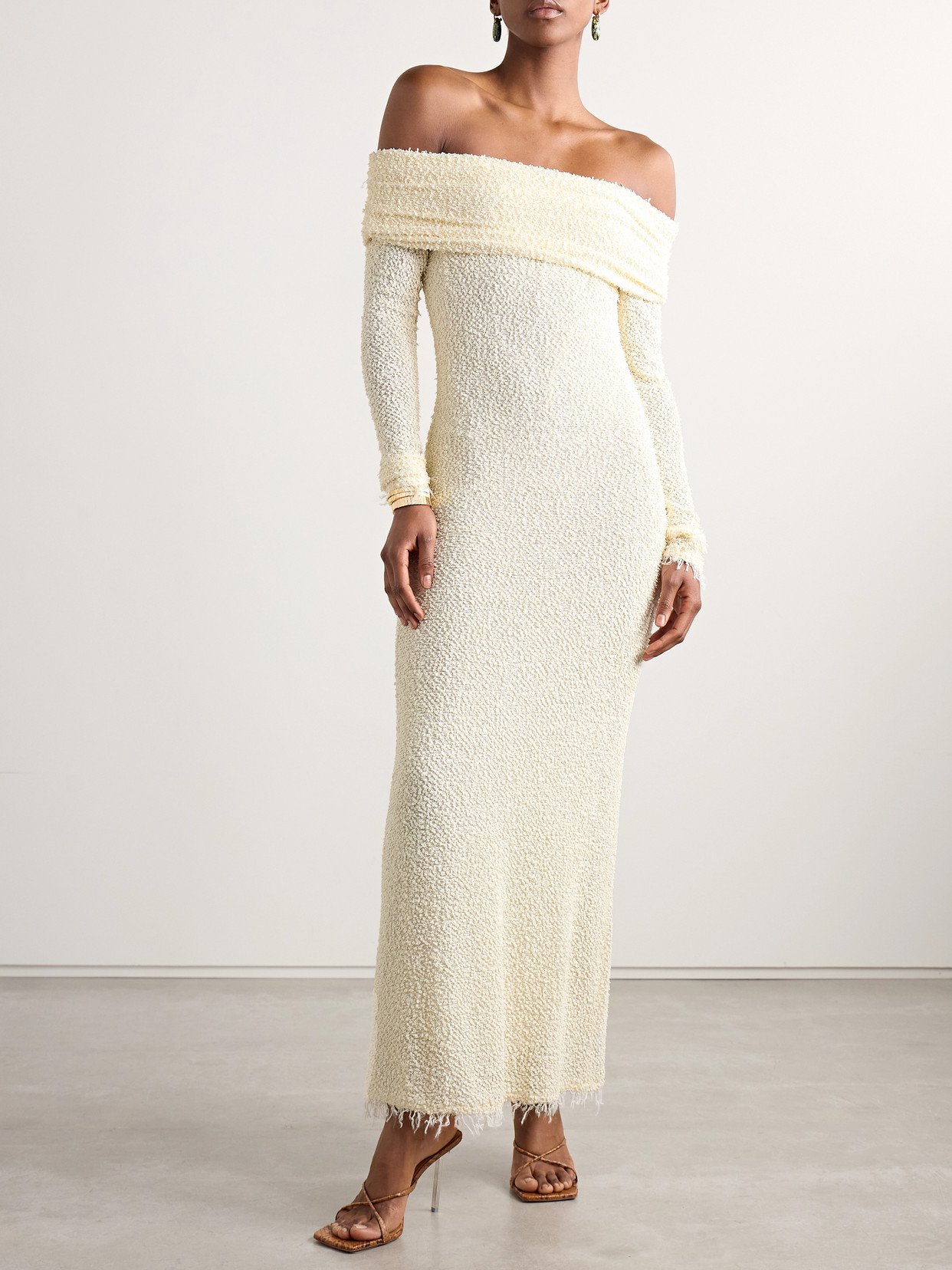 Isabel Marant Ormany Frayed Off-the-shoulder Bouclé Maxi Dress In Ecru