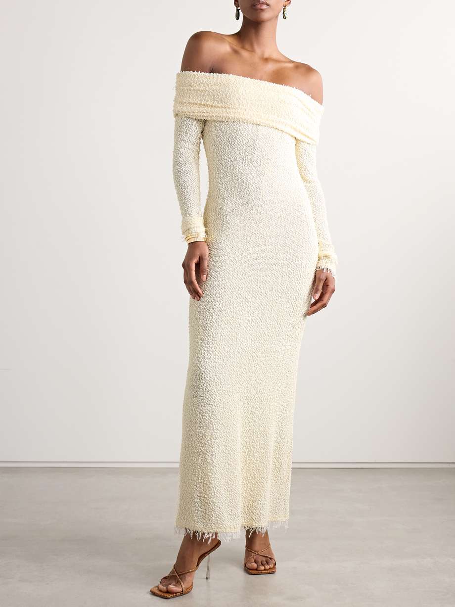 ormany frayed off-the-shoulder bouclé maxi dress