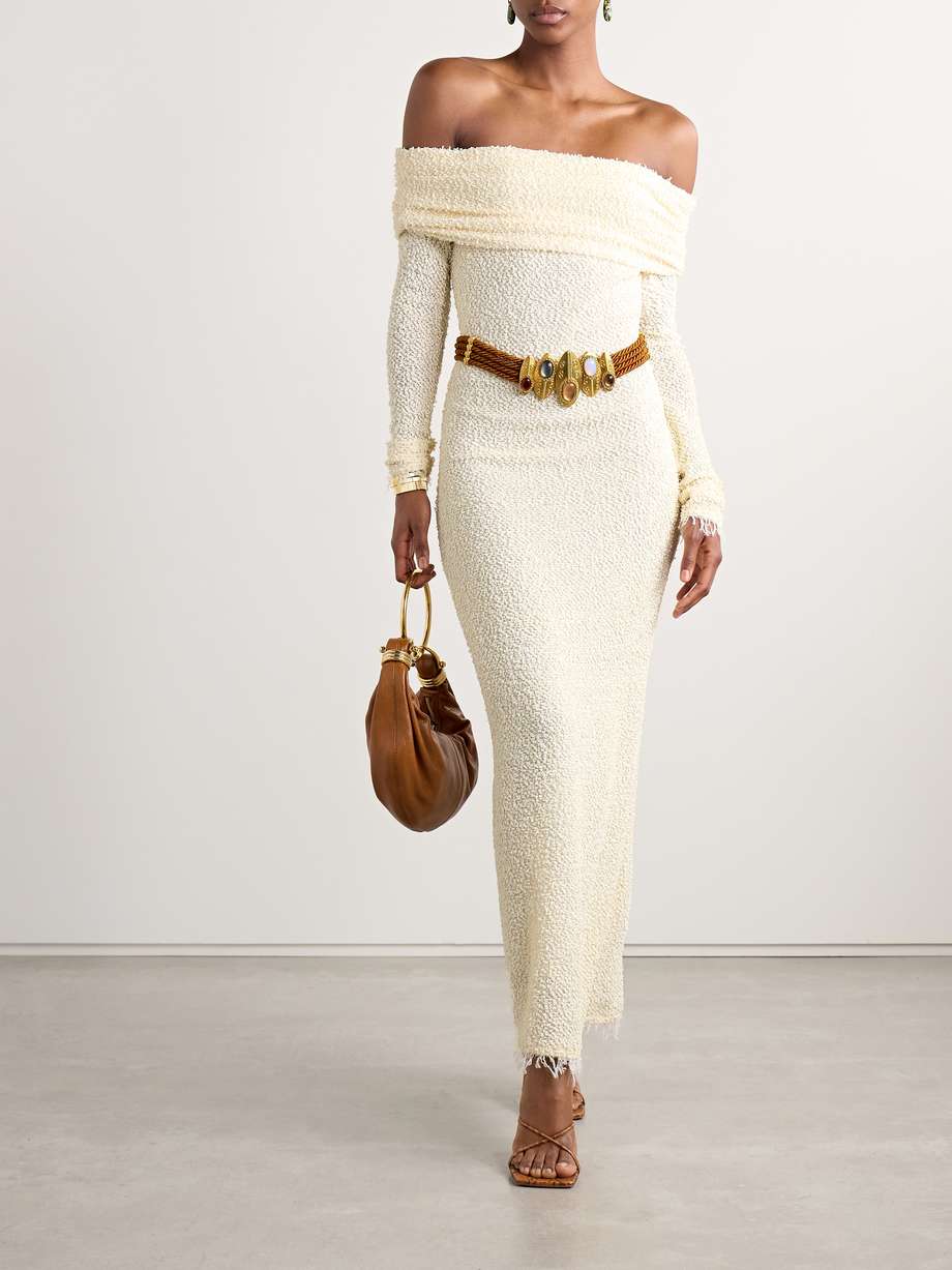 ormany frayed off-the-shoulder bouclé maxi dress