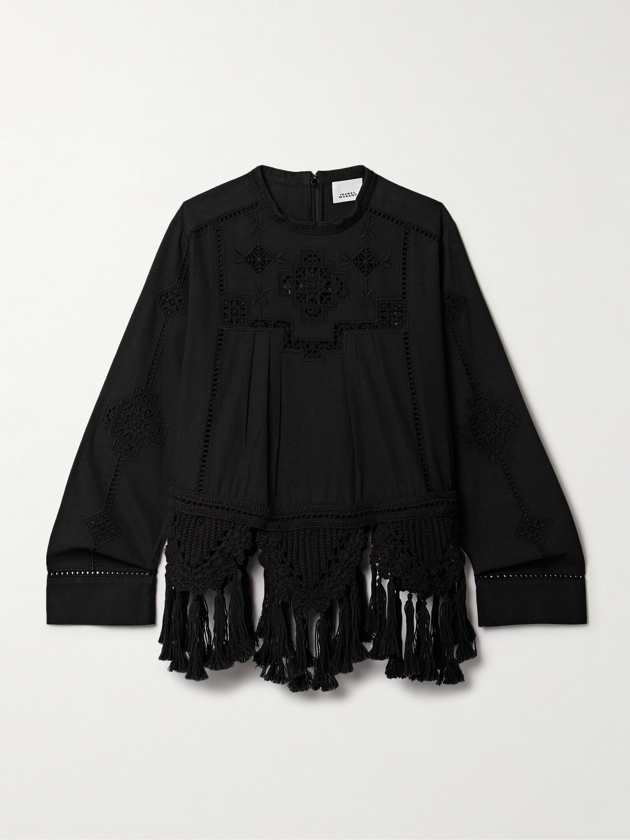Isabel Marant Severine Crochet And Macramé-trimmed Pleated Cotton Top In Black