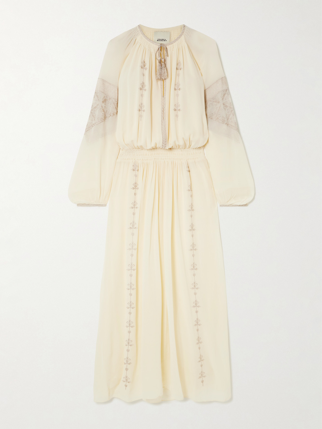 Isabel Marant - Odilia Tasseled Smocked Embroidered Silk Crepe De Chine Midi Dress - Ecru