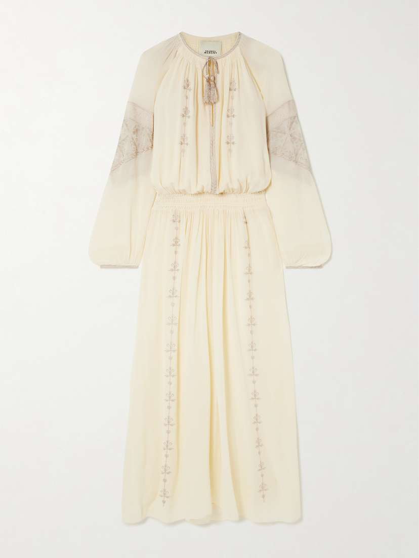 Isabel Marant Odilia Tasseled Smocked Embroidered Silk Crepe De Chine Midi Dress