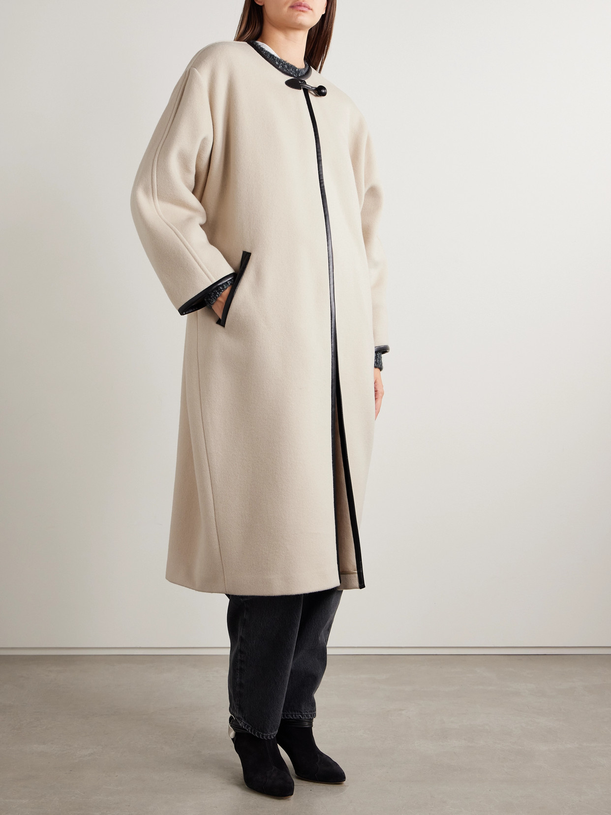 Isabel Marant Elza Oversized Faux Leather-trimmed Wool-blend Felt Coat In Ecru