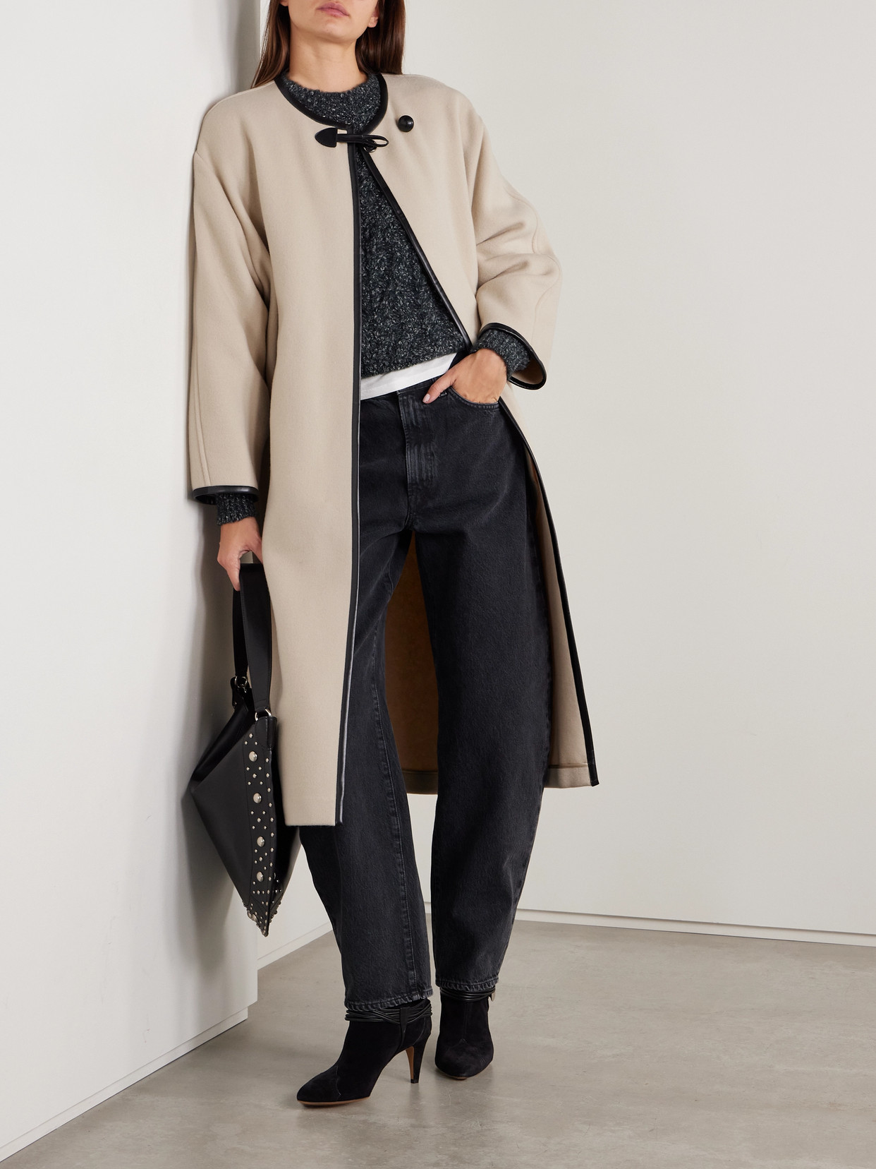Isabel Marant Elza Oversized Faux Leather-trimmed Wool-blend Felt Coat In Ecru