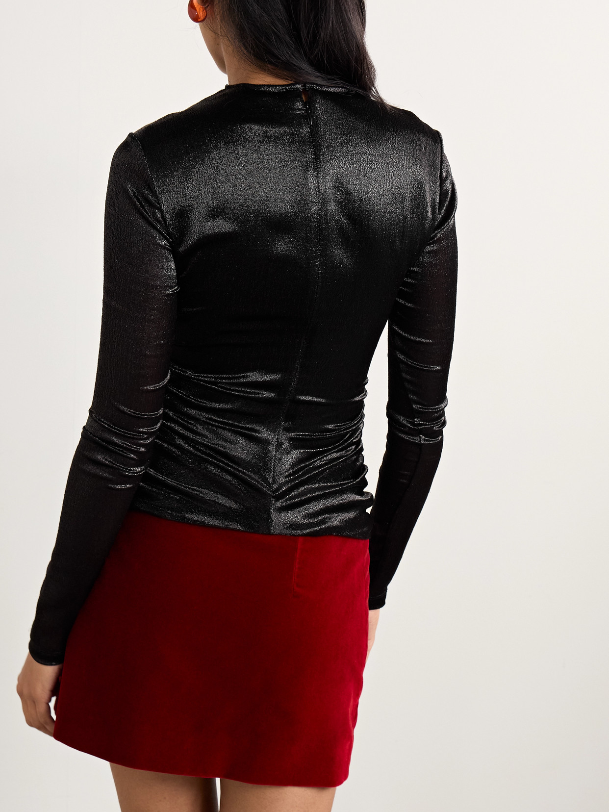 Rose Cutout Gathered Metallic Hammered Silk-Blend Top