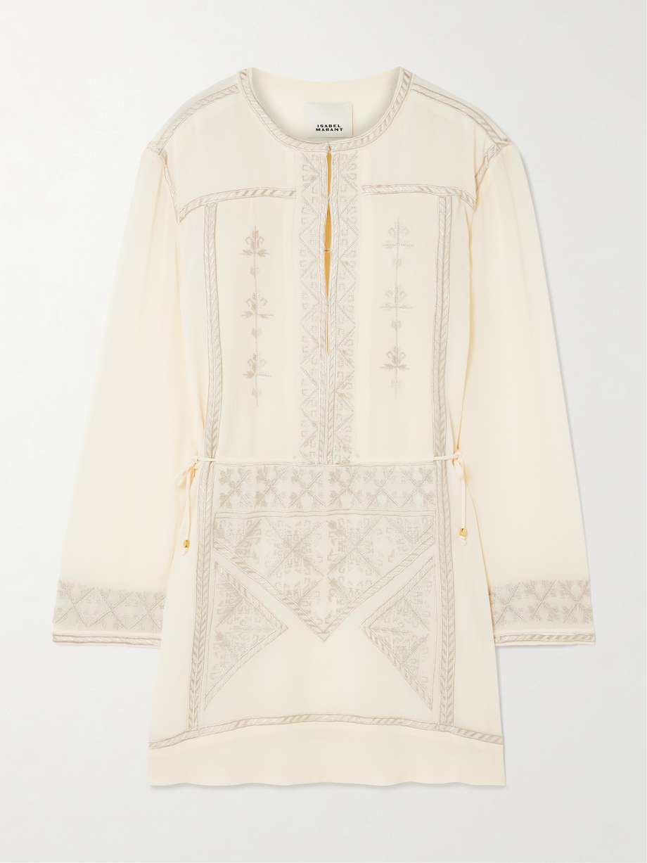 oaria tie-detailed embroidered silk crepe de chine mini dress
