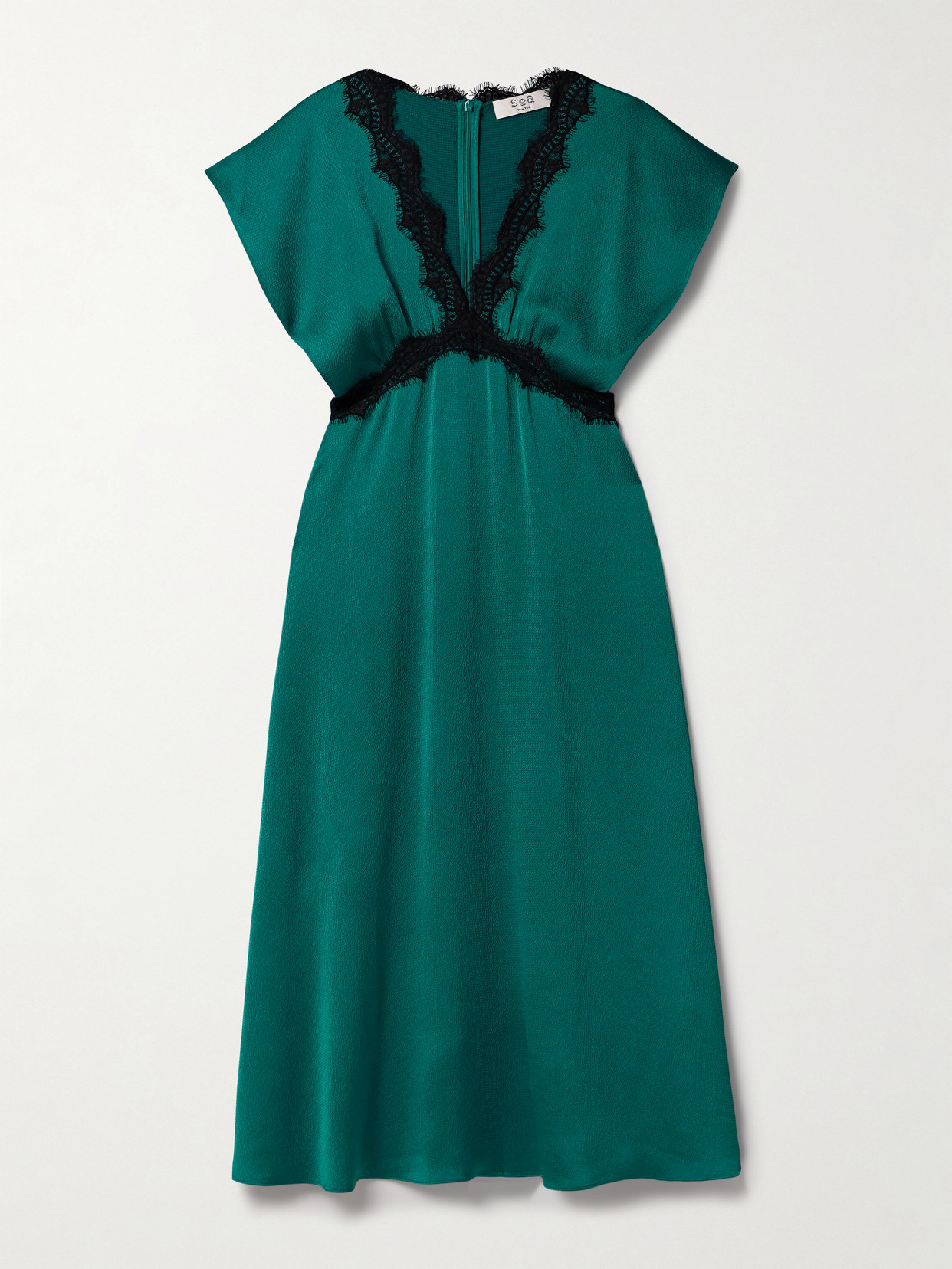 Sea Noa Lace-trimmed Hammered-satin Midi Dress In Blue