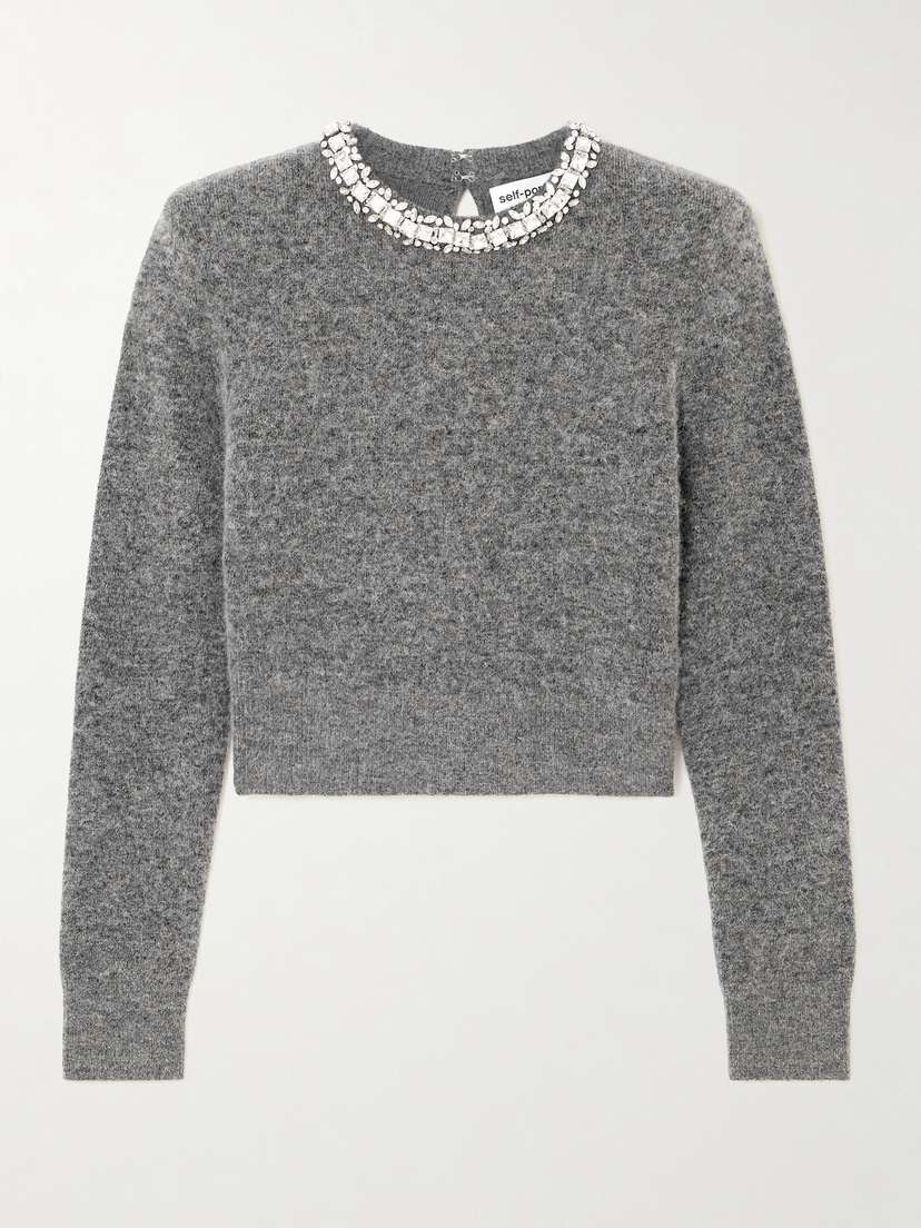 Self-Portrait Cropped Crystal-embellished Knitted Sweater