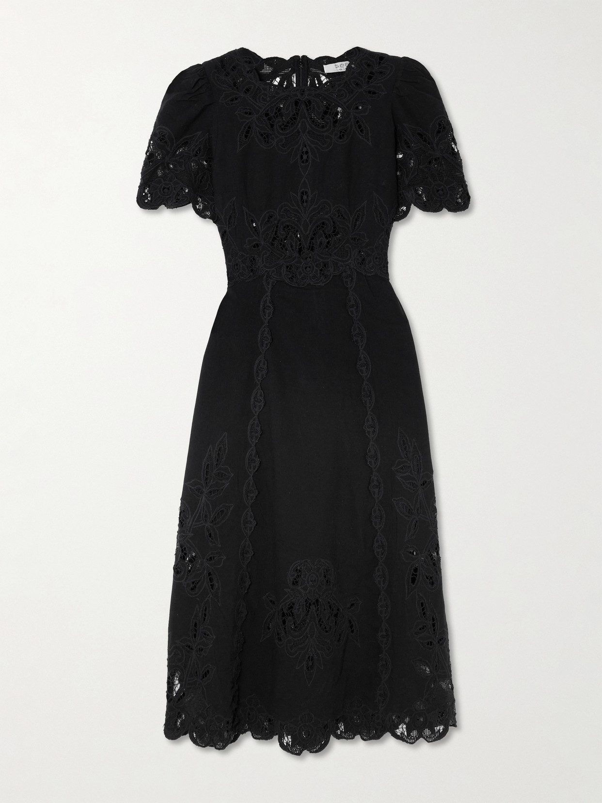 Sea Gianna Lace-trimmed Embroidered Cotton And Linen-blend Midi Dress In Black