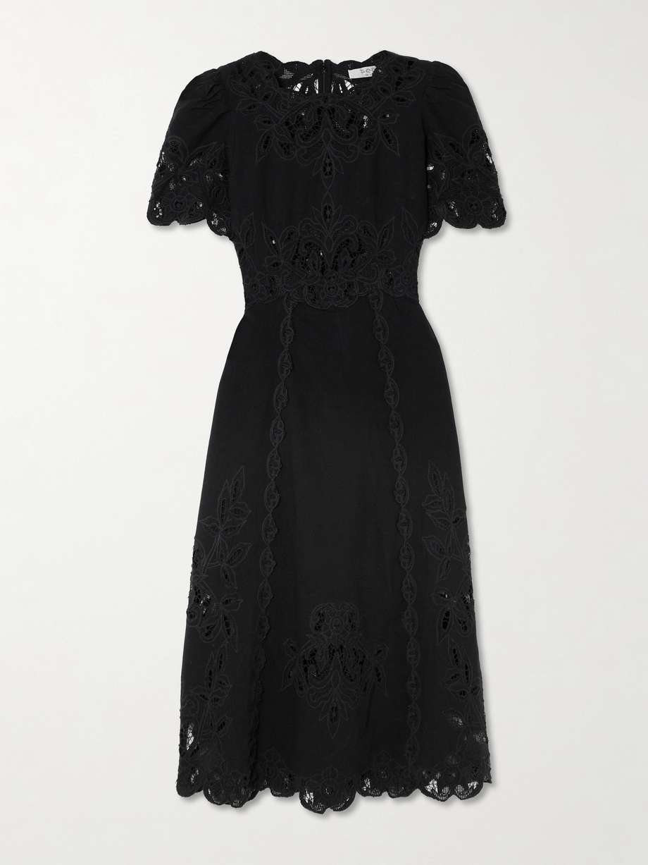 gianna lace-trimmed embroidered cotton and linen-blend midi dress