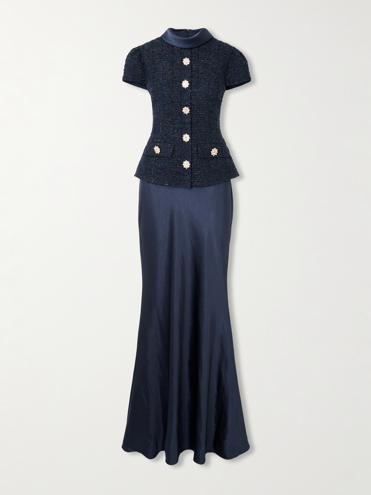 Self-portrait Layered Embellished Metallic Bouclé-tweed And Satin Maxi Dress In Blue
