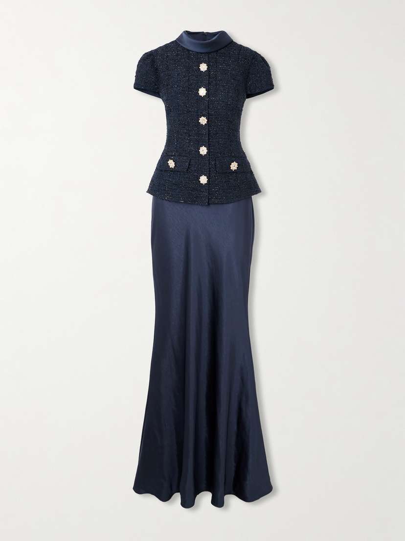 Self-Portrait Layered Embellished Metallic Bouclé-tweed And Satin Maxi Dress